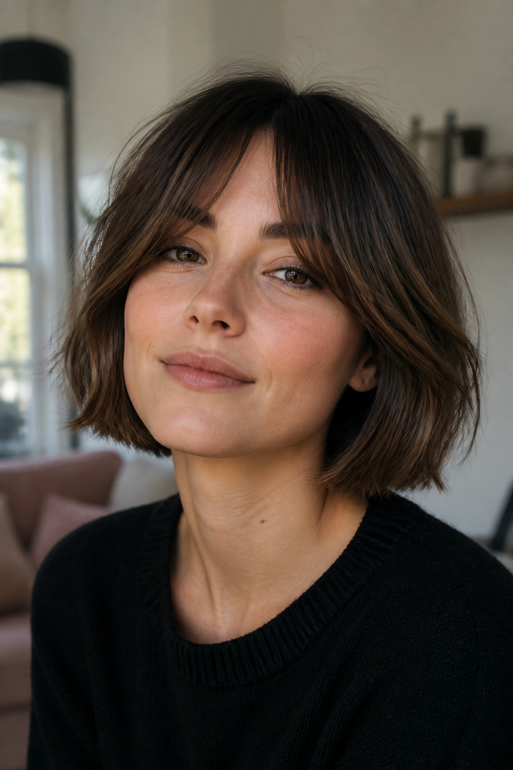 Close-up of a real woman with chin-length bob and curtain fringe in warm daylight.