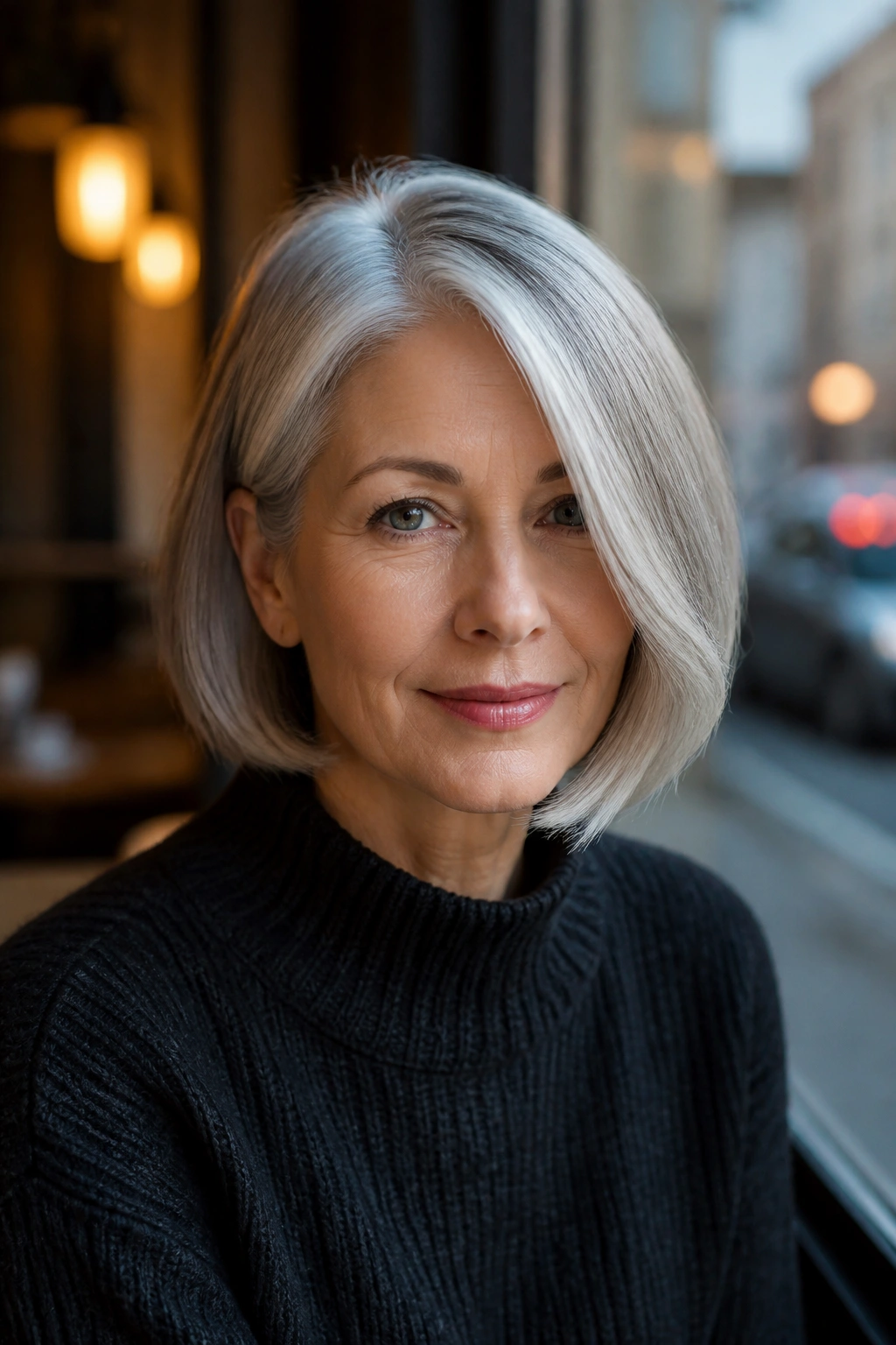 Close-up portrait of a real woman with a chin-length bob and a deep side part featuring gray hair