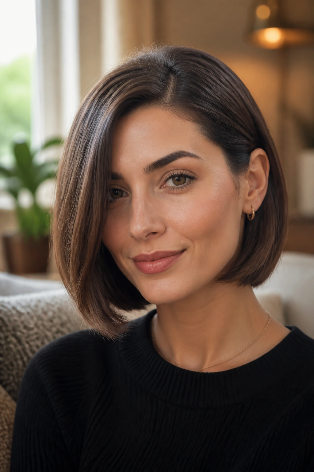 Close-up portrait of a real woman with a chin-length bob and deep side part.