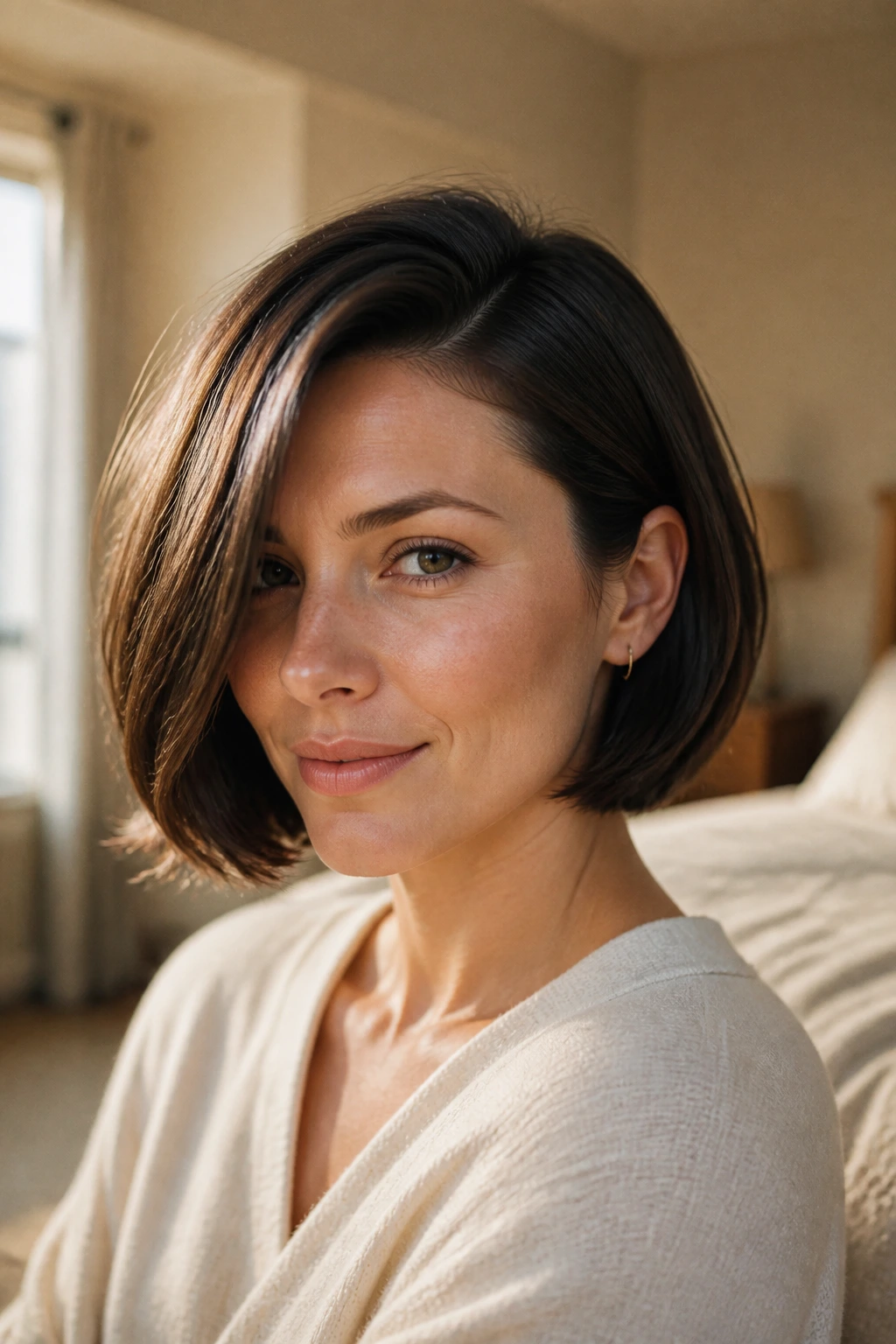 Close-up portrait of a real woman with a chin-length bob and deep side part in morning light.