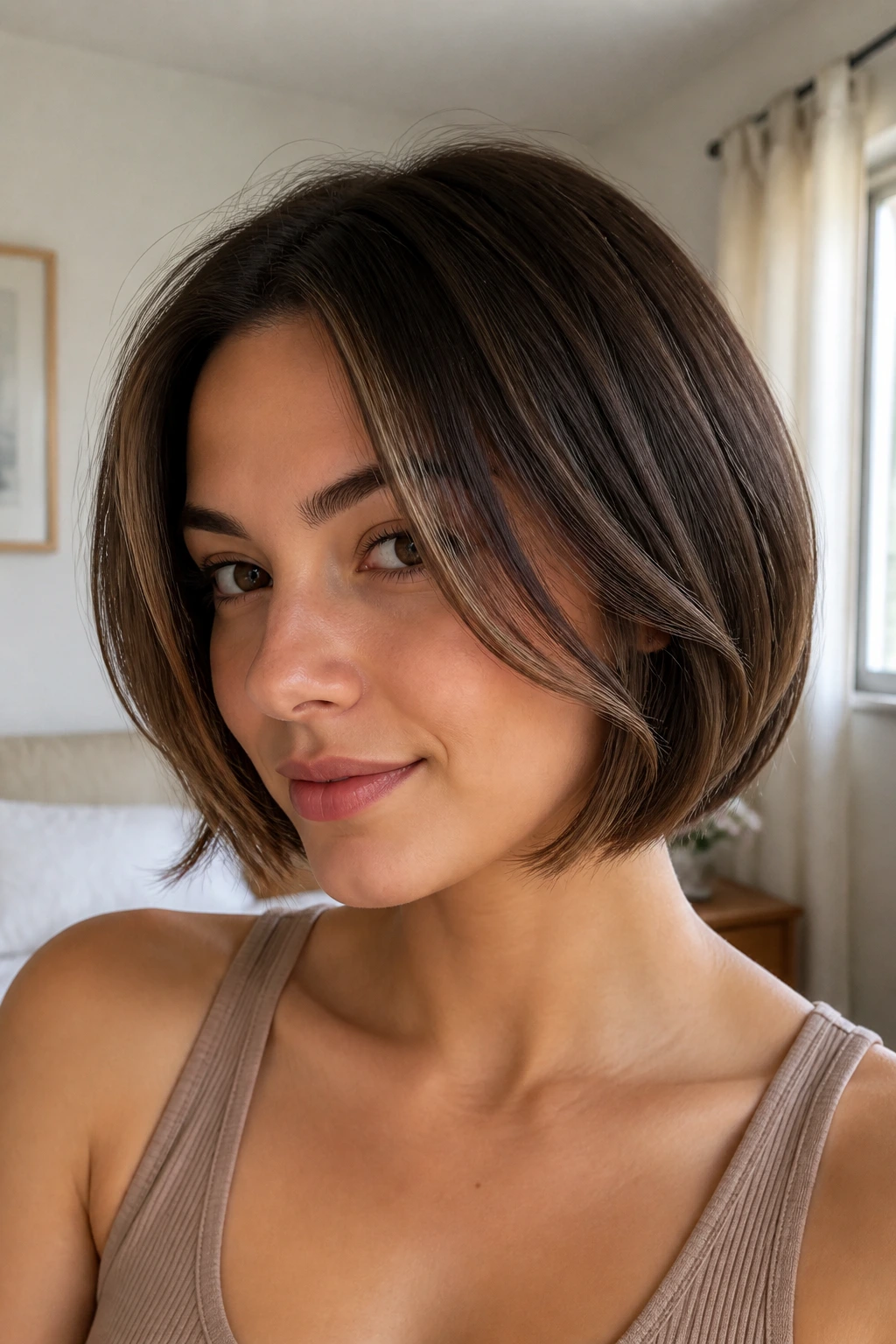 Real woman with chin-length bob and face-framing pieces