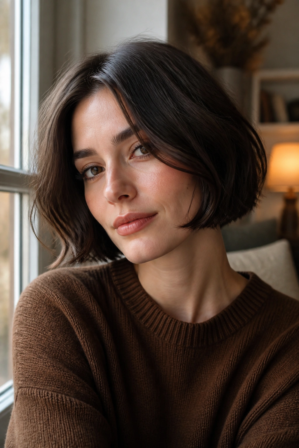 Close-up portrait of a woman with a chin-length French bob in warm window light.