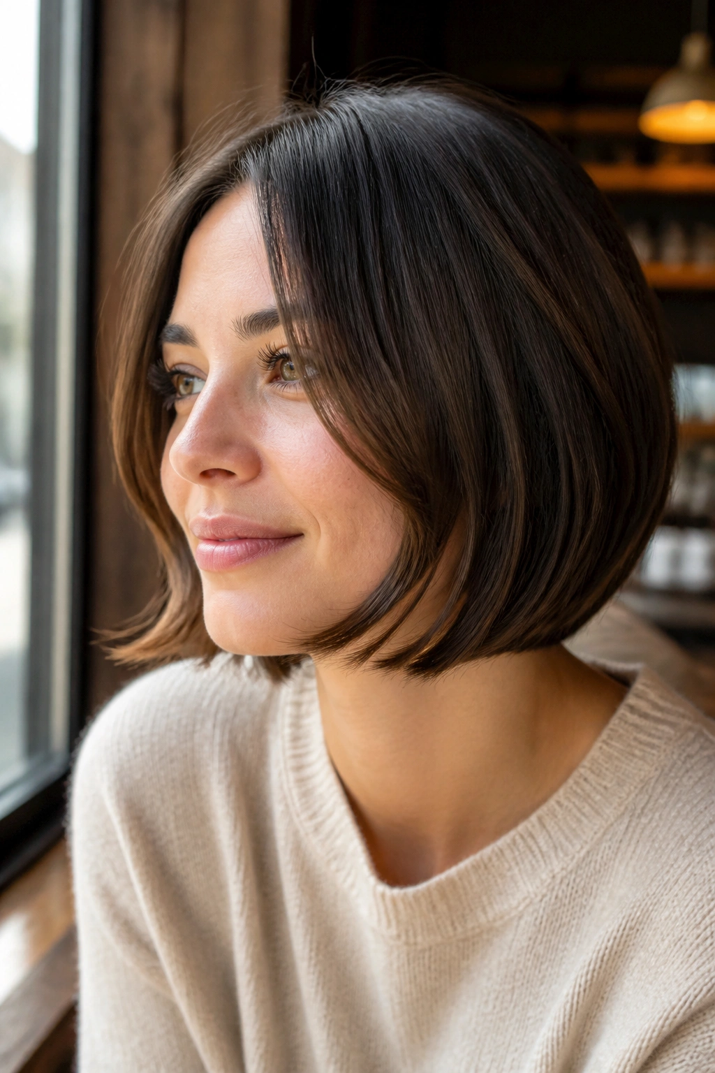 Close-up portrait of a real woman with a chin-length bob and soft forward pieces