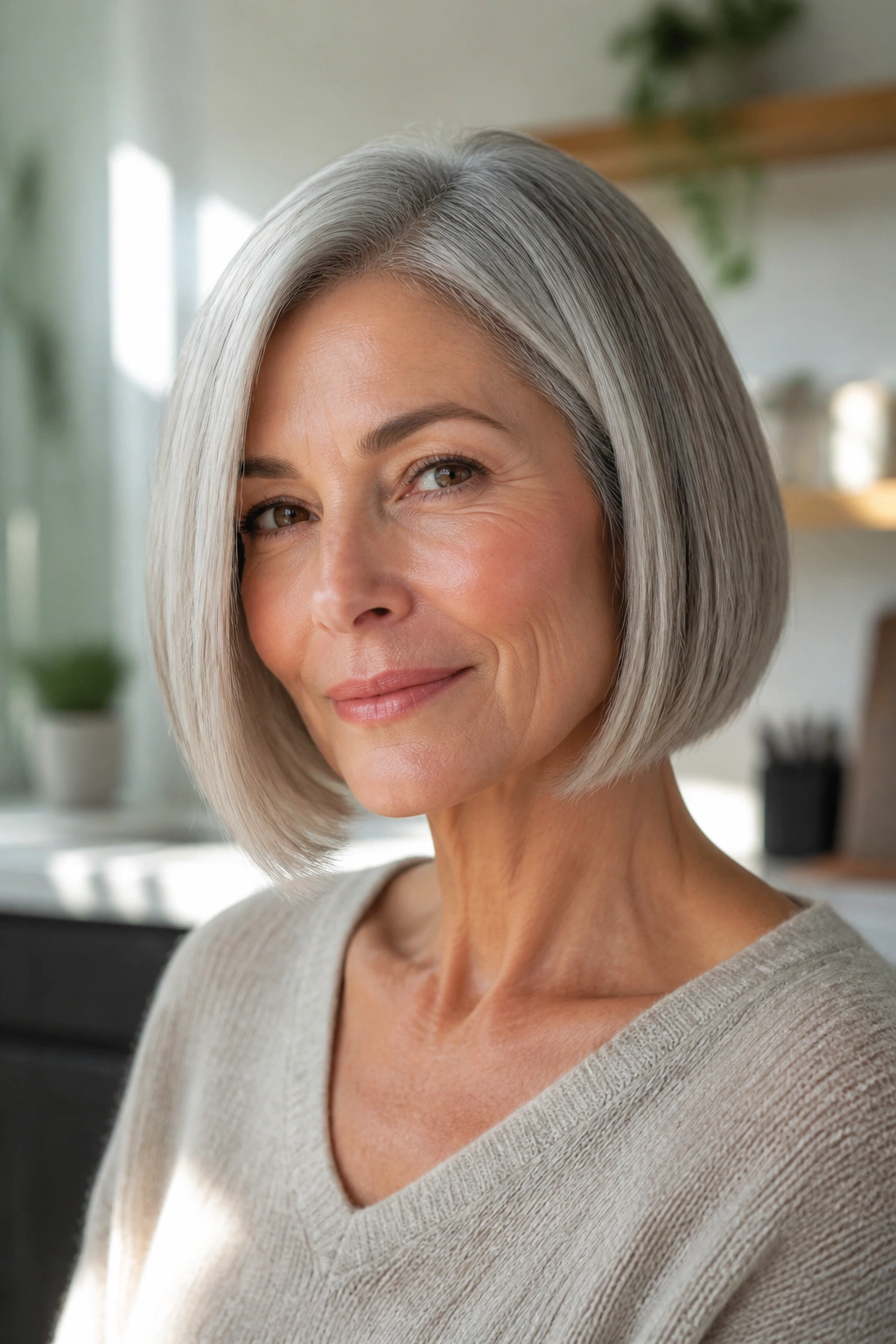Close-up portrait of a real woman with chin-length bob clean edge