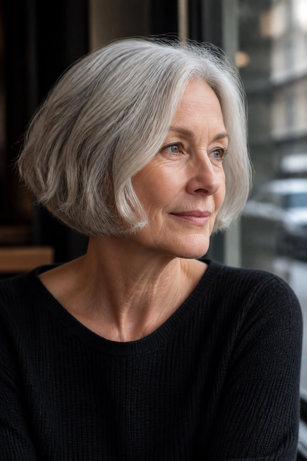Close-up portrait of a woman with a classic chin-length bob and silver hair, lit by cafe window daylight