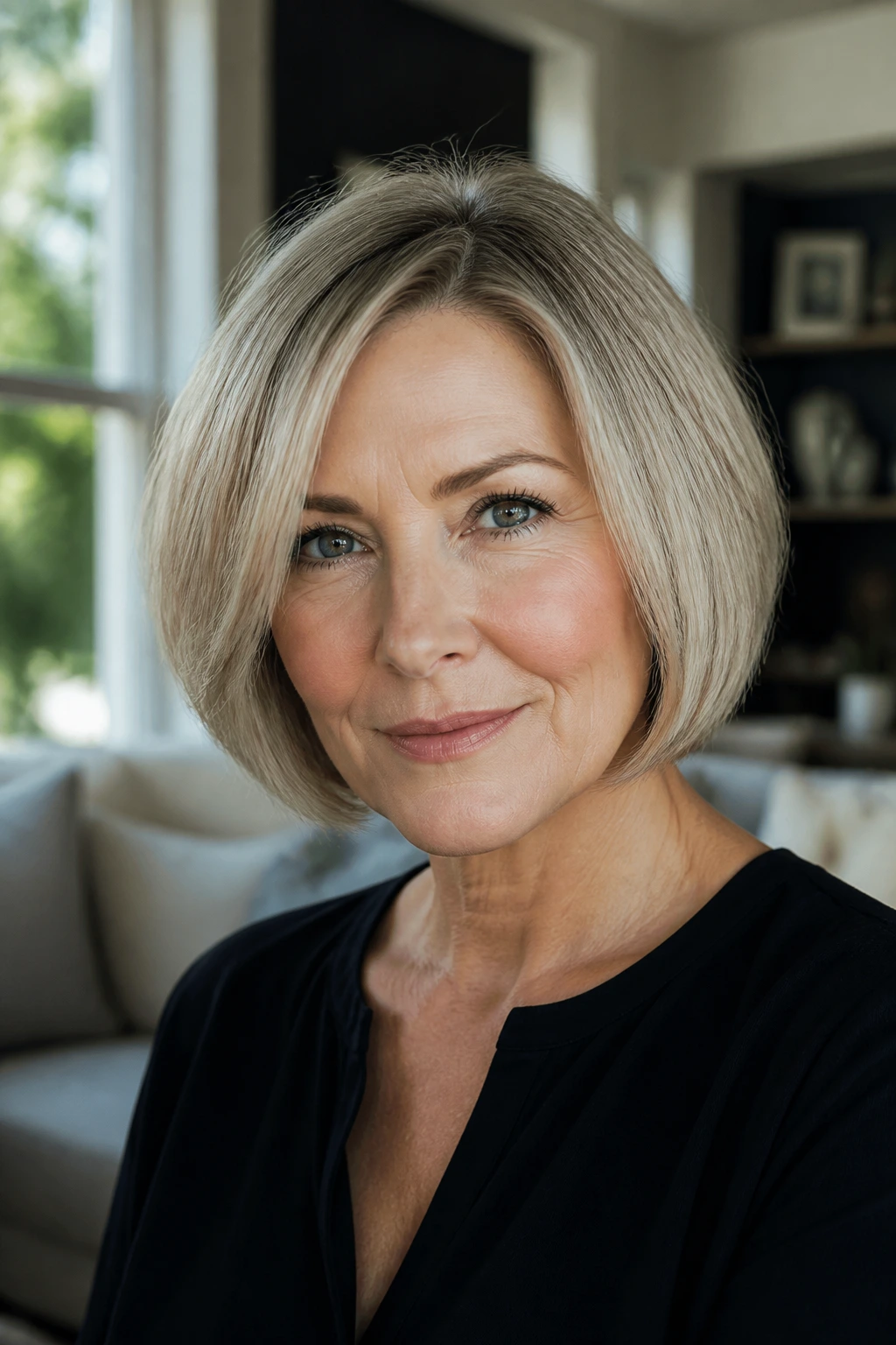 Real woman with chin-length bob in natural daylight.