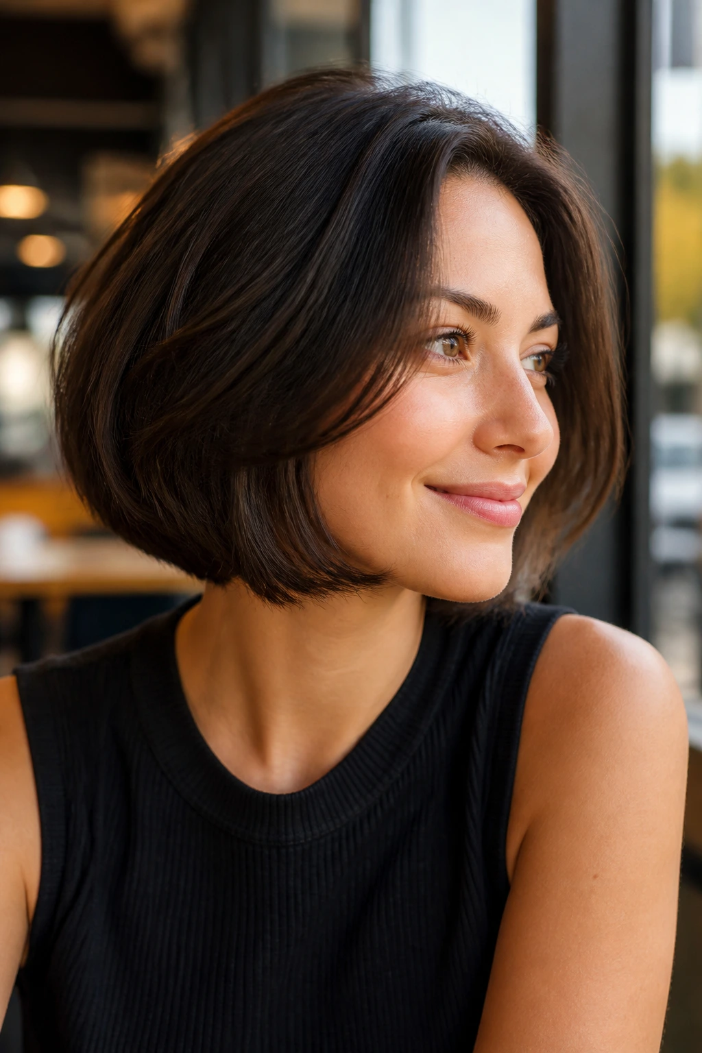 Close-up of a real woman wearing chin-length bob with hidden layers, soft daylight.