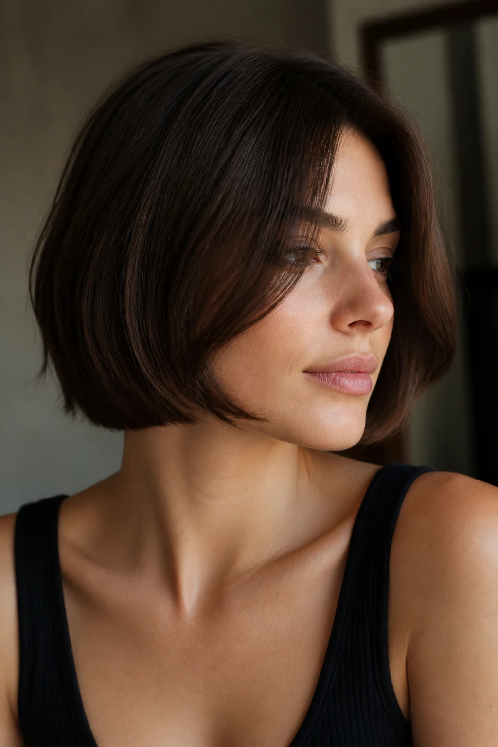 Close-up of real woman with chin-length bob and invisible layers.
