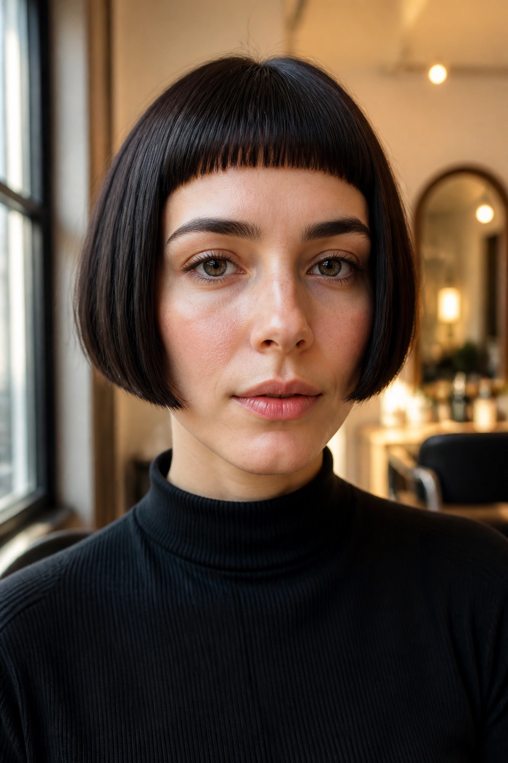 Close-up of chin-length bob with blunt micro bangs on a real person in a warm salon