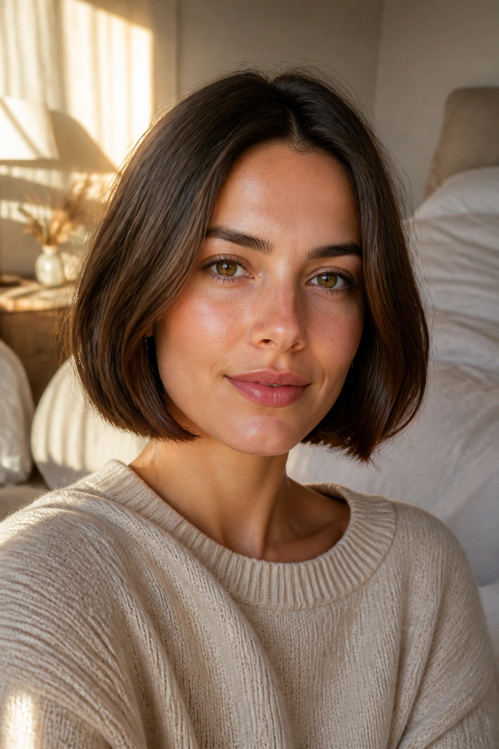 Close-up portrait of a real woman with a chin-length blunt French bob without bangs in a sunlit bedroom
