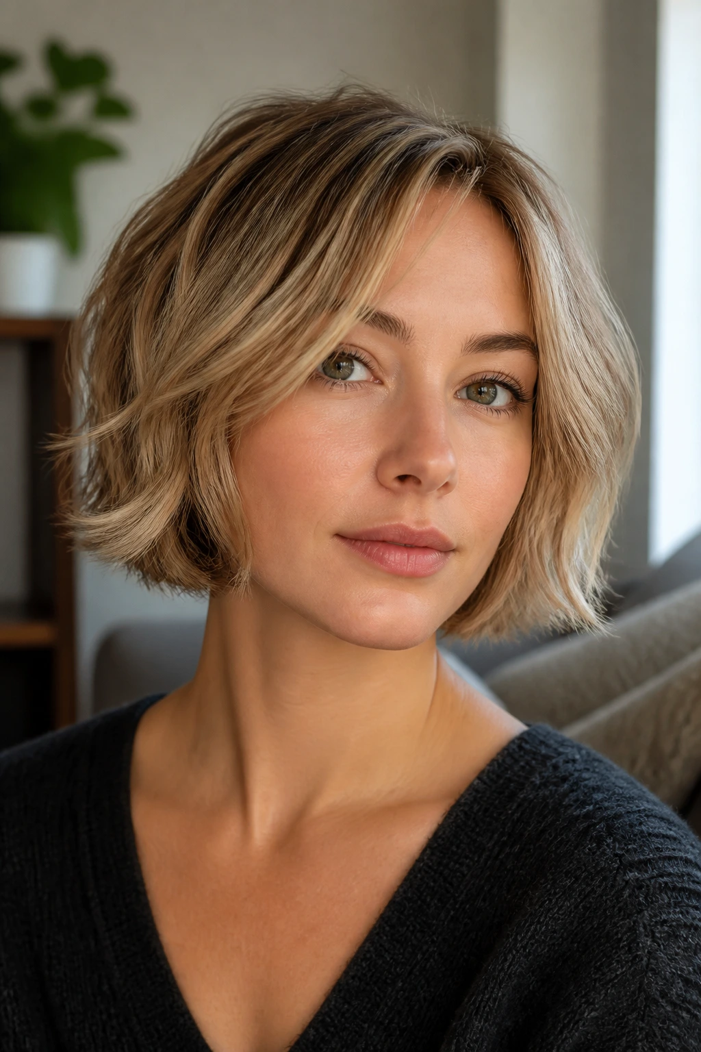 Portrait of a real person with chin-length bob and cheek-piecey layers