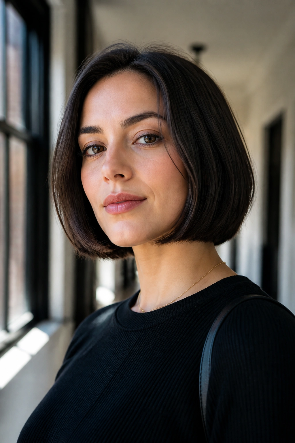 Woman with chin-length bob in hallway daylight