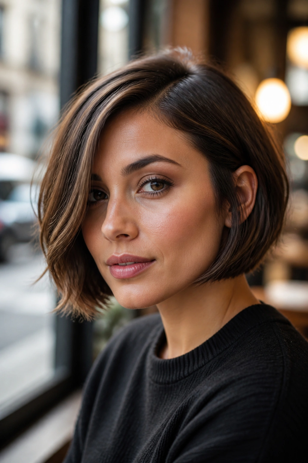 Close-up portrait of a woman with a chin-length side-part bob in warm cafe lighting.