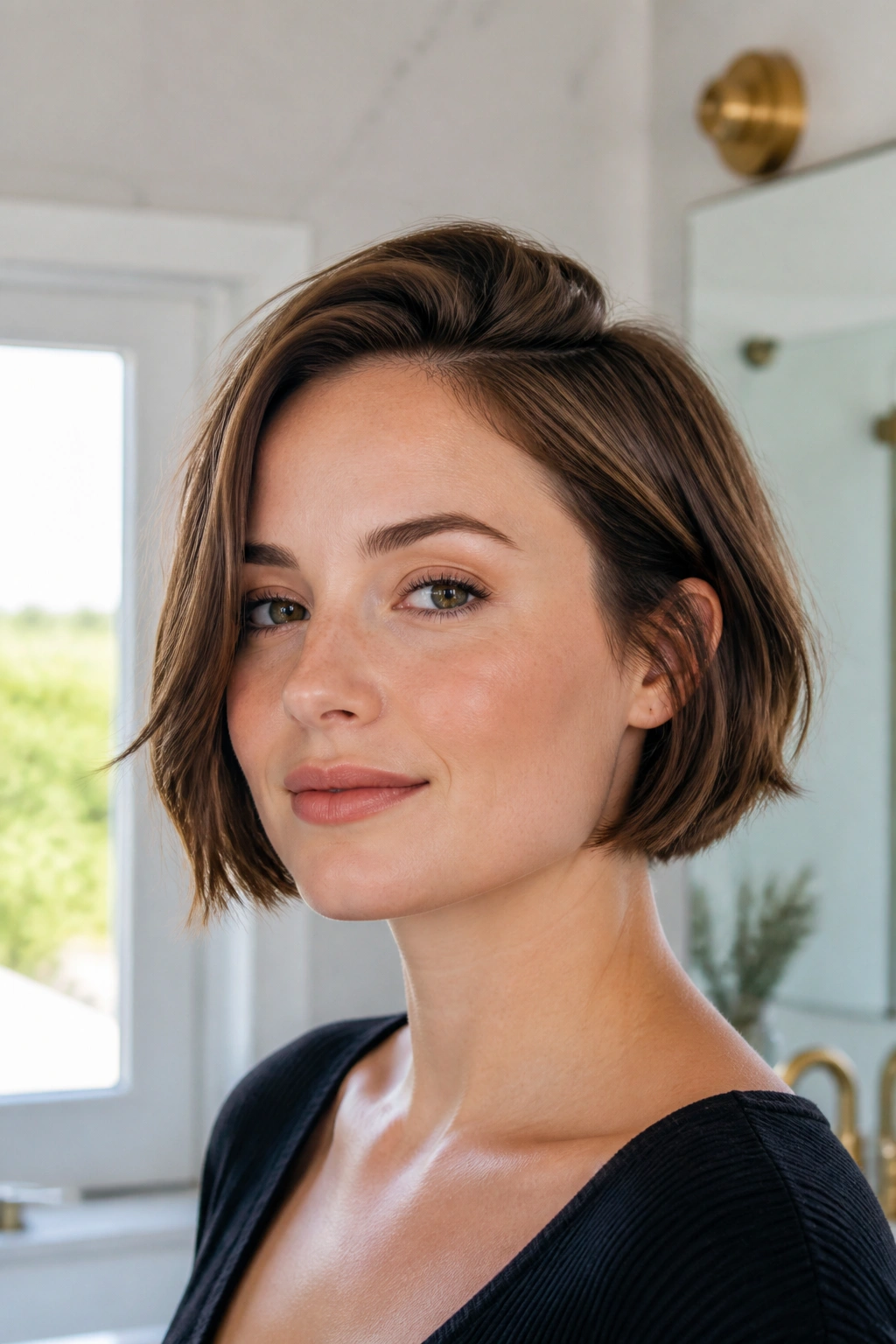 Portrait of a real woman with a chin-length bob and deep side part