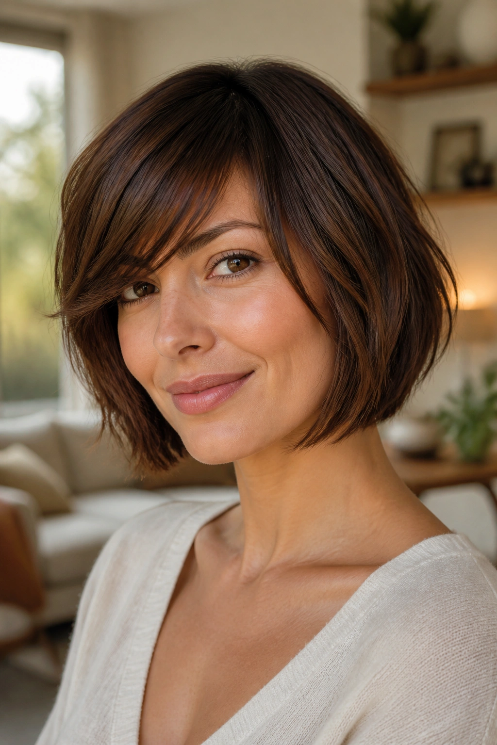 Close-up of a real woman with chin-length layered bob and side bangs in warm, sunlit room