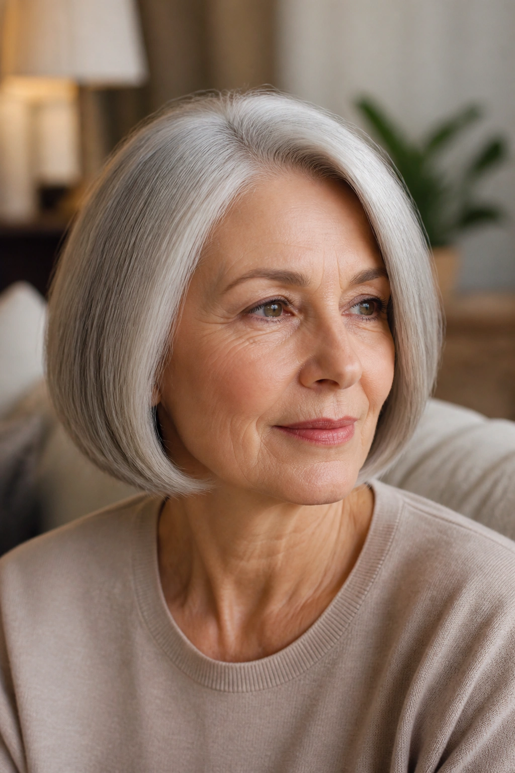 Close-up portrait of a woman with a chin-length bob and side part in soft window light