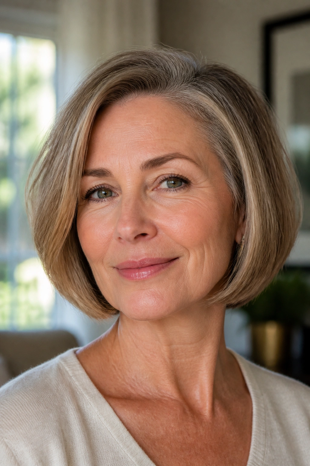 Close-up of real woman with chin-length bob and side part