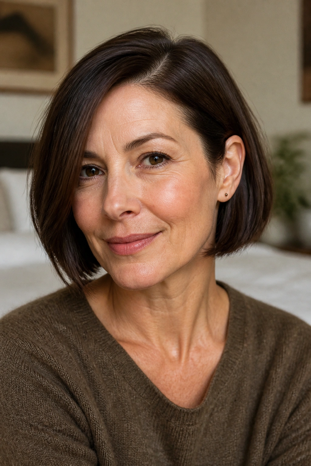 Close-up of a real woman wearing a chin-length blunt bob with a side part, jawline emphasized
