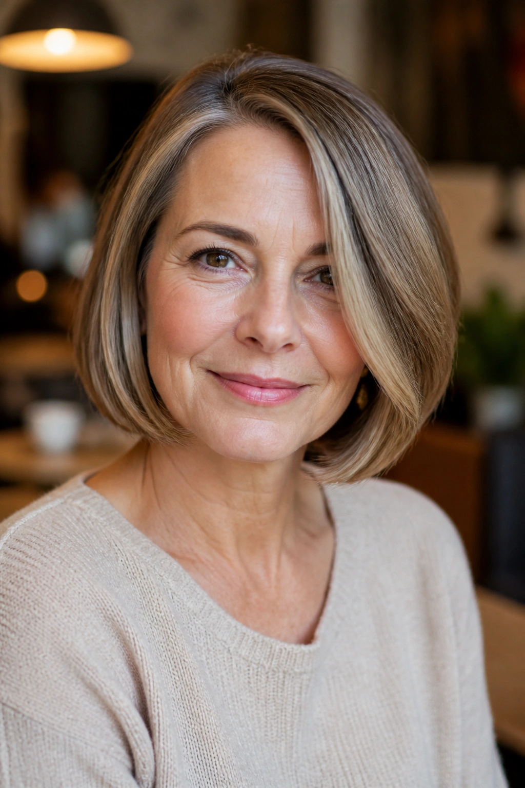 Portrait of a real woman with a chin-length bob and side part.