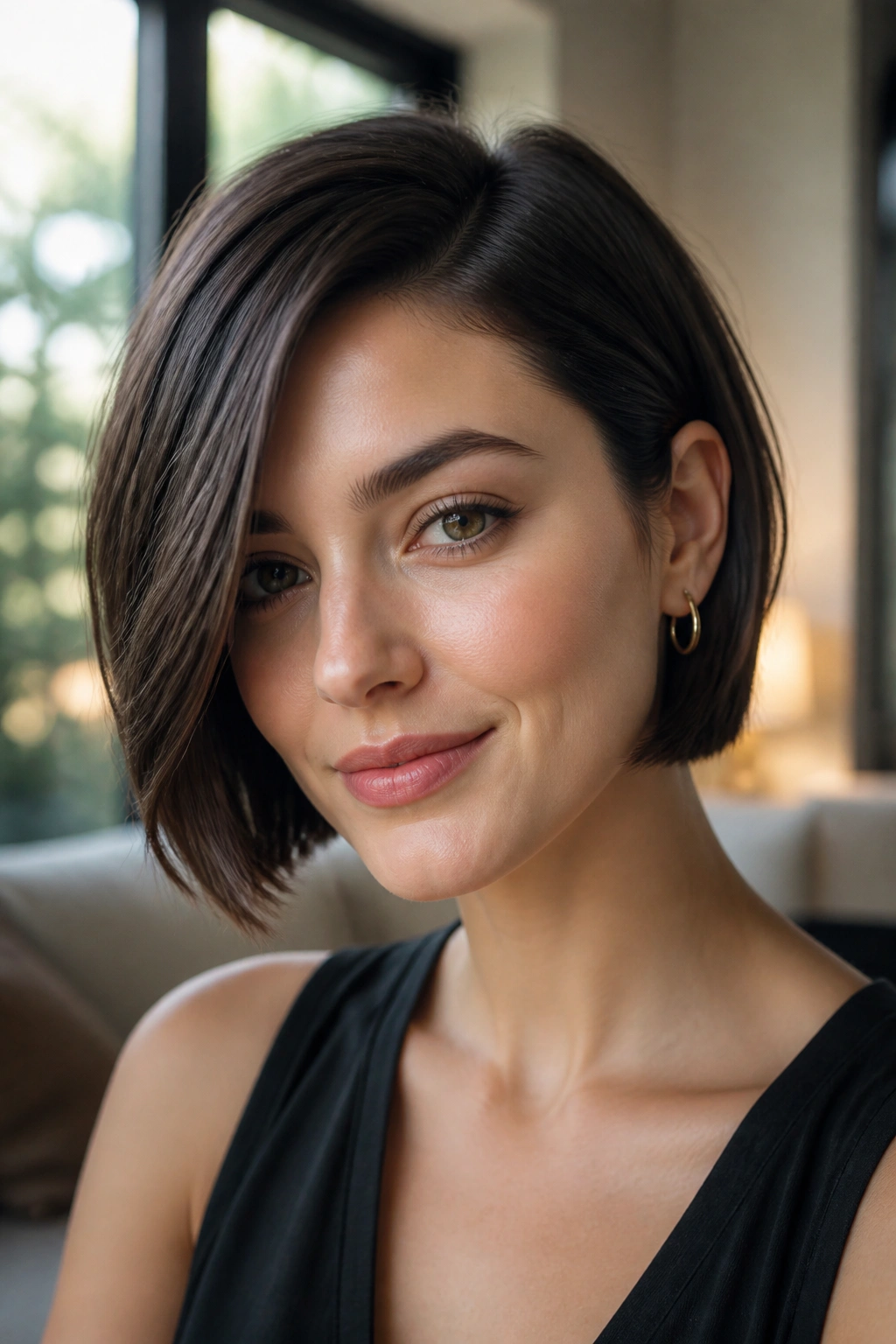 Real woman with chin-length bob and side part portrait
