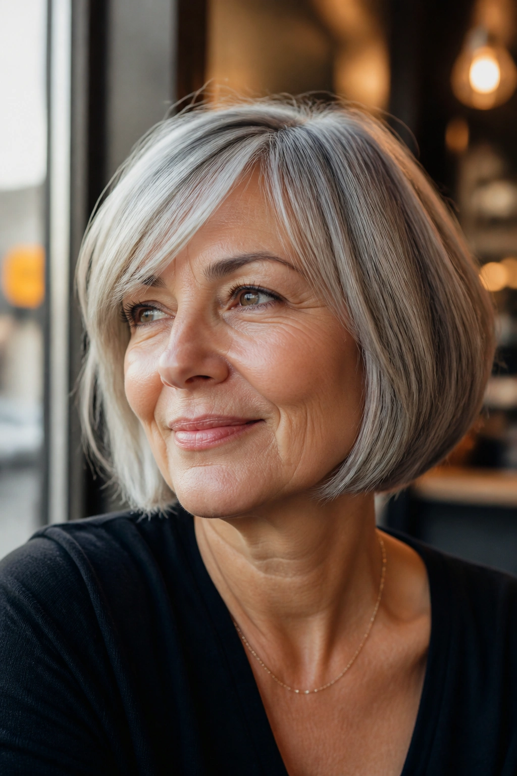 Close-up of a woman with chin-length bob and side-swept bangs and gray hair