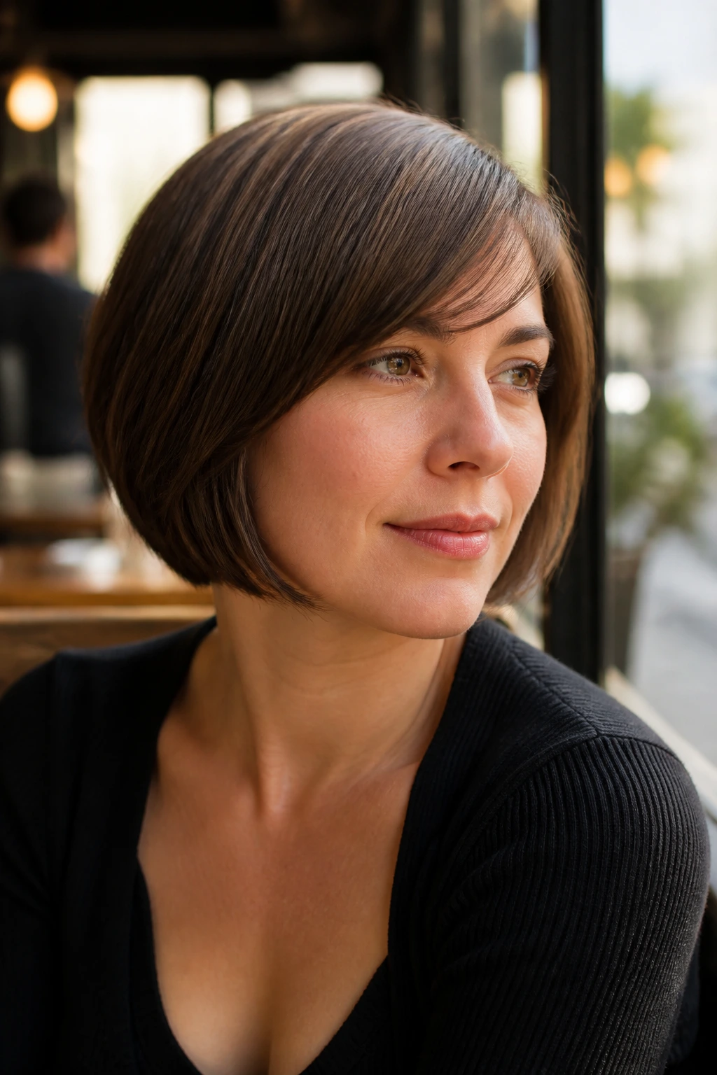 Close-up portrait of a real person in a sunlit cafe showing a chin-length bob with side-swept bangs.