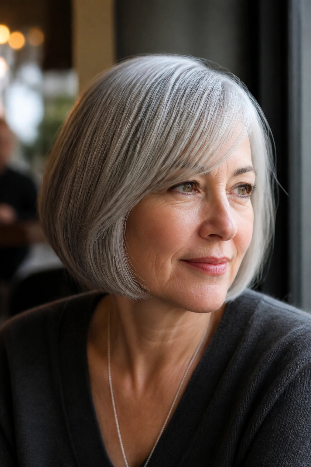 Close-up of a woman with chin-length bob and side-swept bangs in gray hair