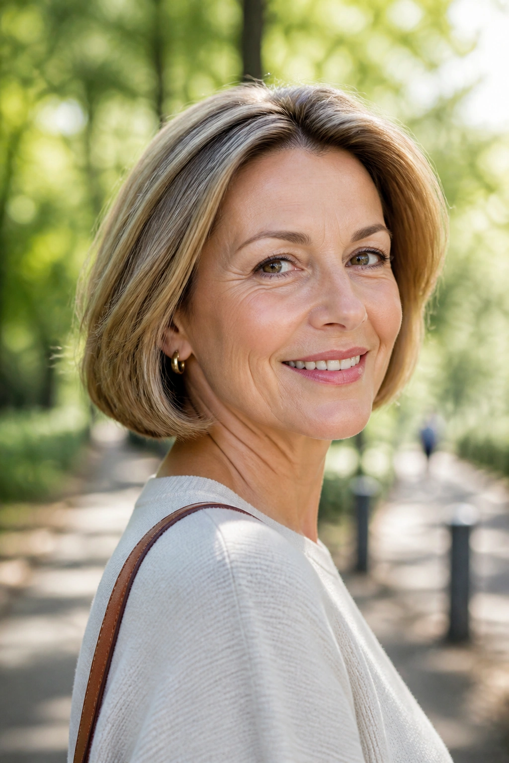 Real woman with a chin-length bob and side volume.