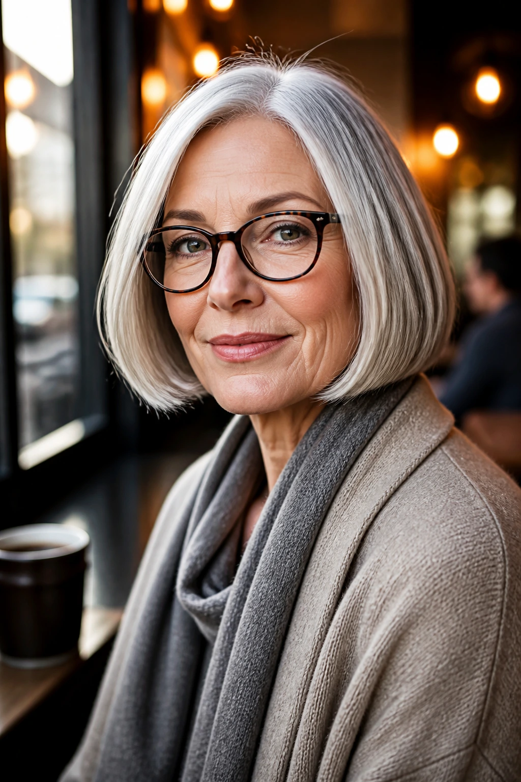 Close-up portrait of a real woman with a chin-length bob silver hair