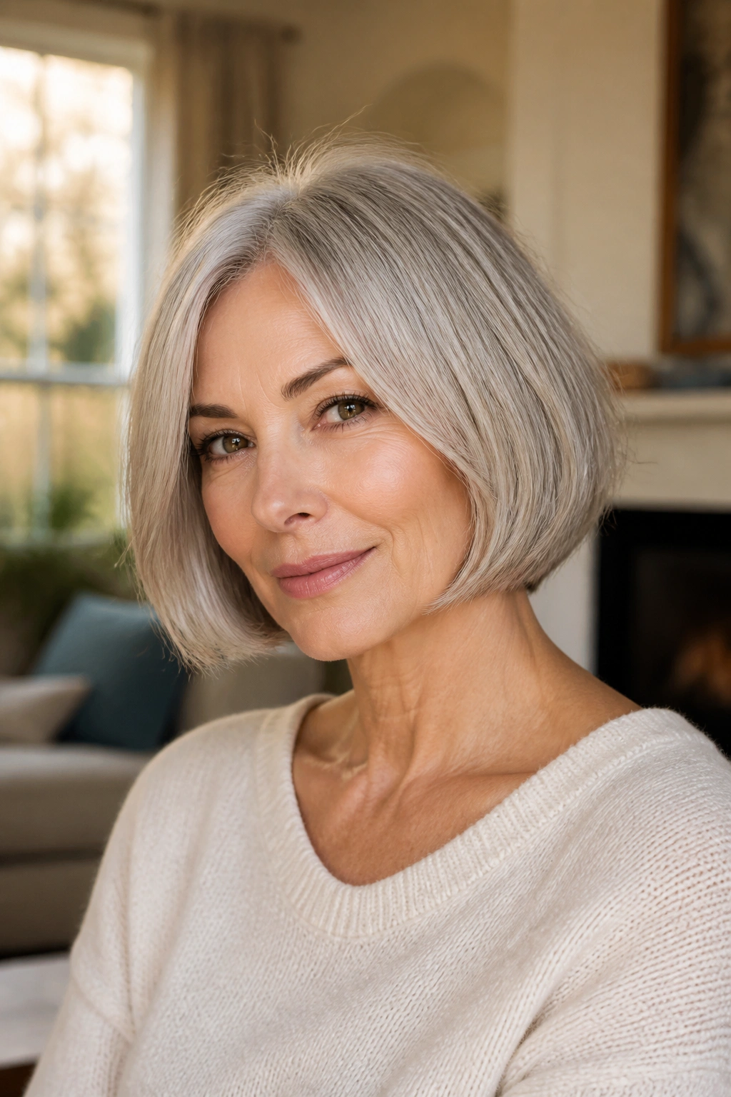 Close-up portrait of a woman with chin-length bob with a soft edge