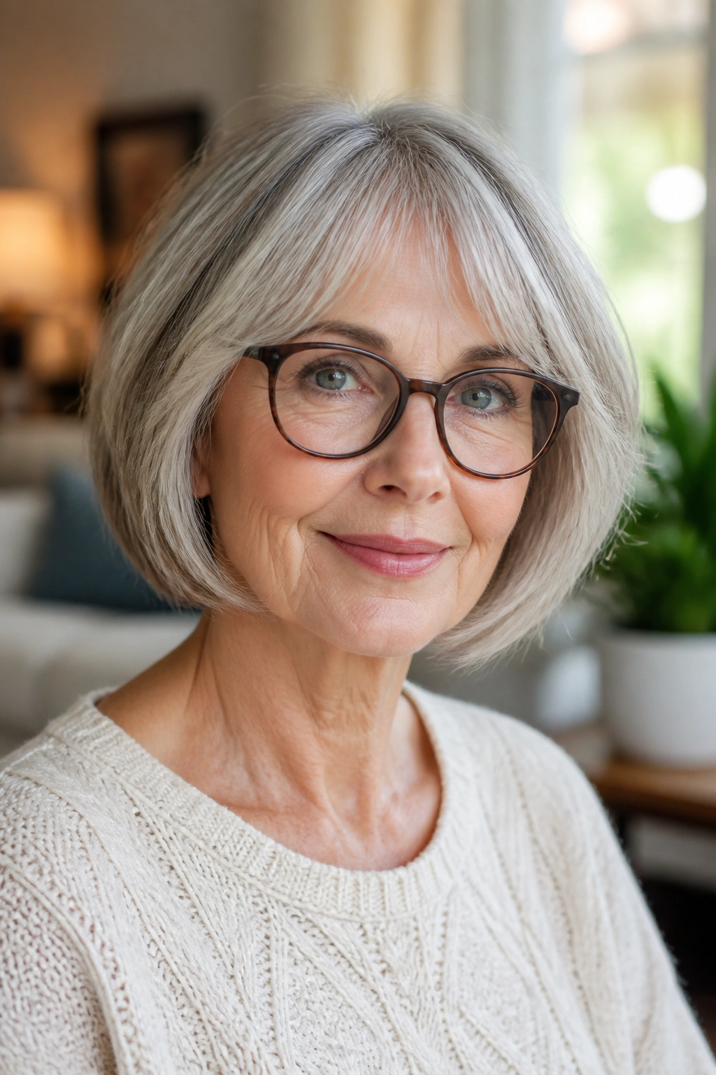 Close-up of older woman with chin-length bob and soft layers wearing glasses in a living room