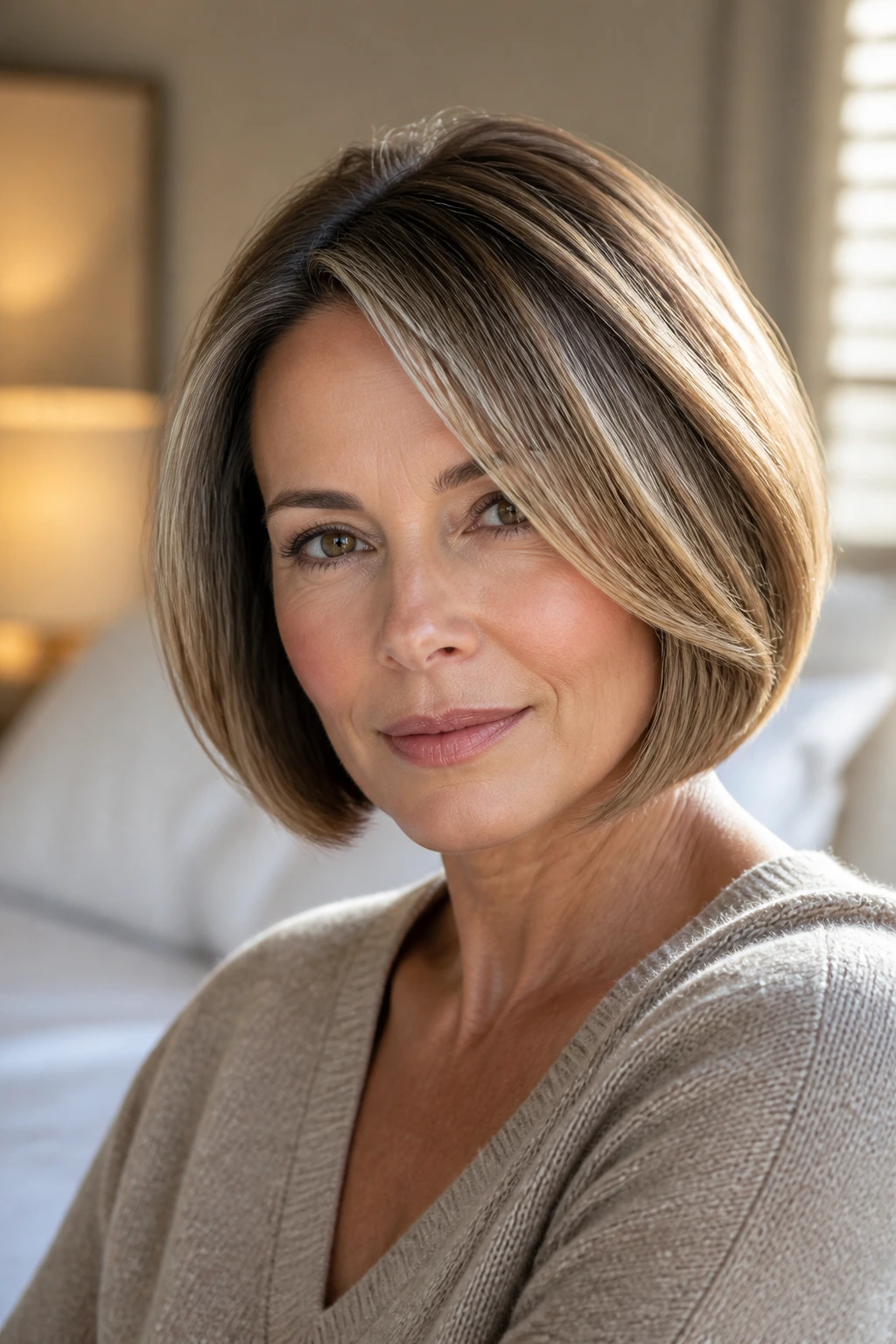 Chin-Length Bob with a Soft Side Part: close-up of a real woman with a soft side-parted chin-length bob in warm window light