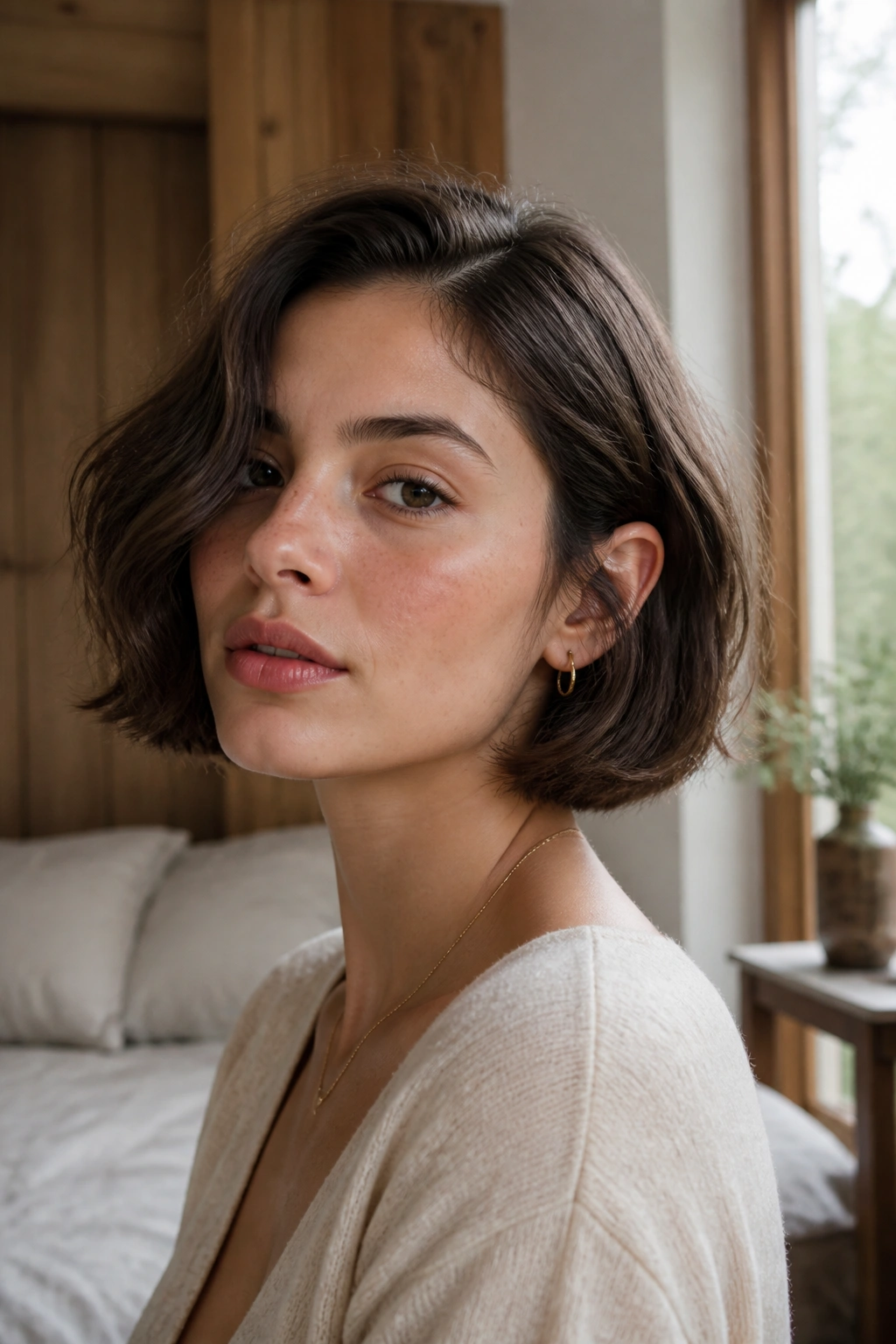 Close-up of a real woman with a chin-length bob and soft waves