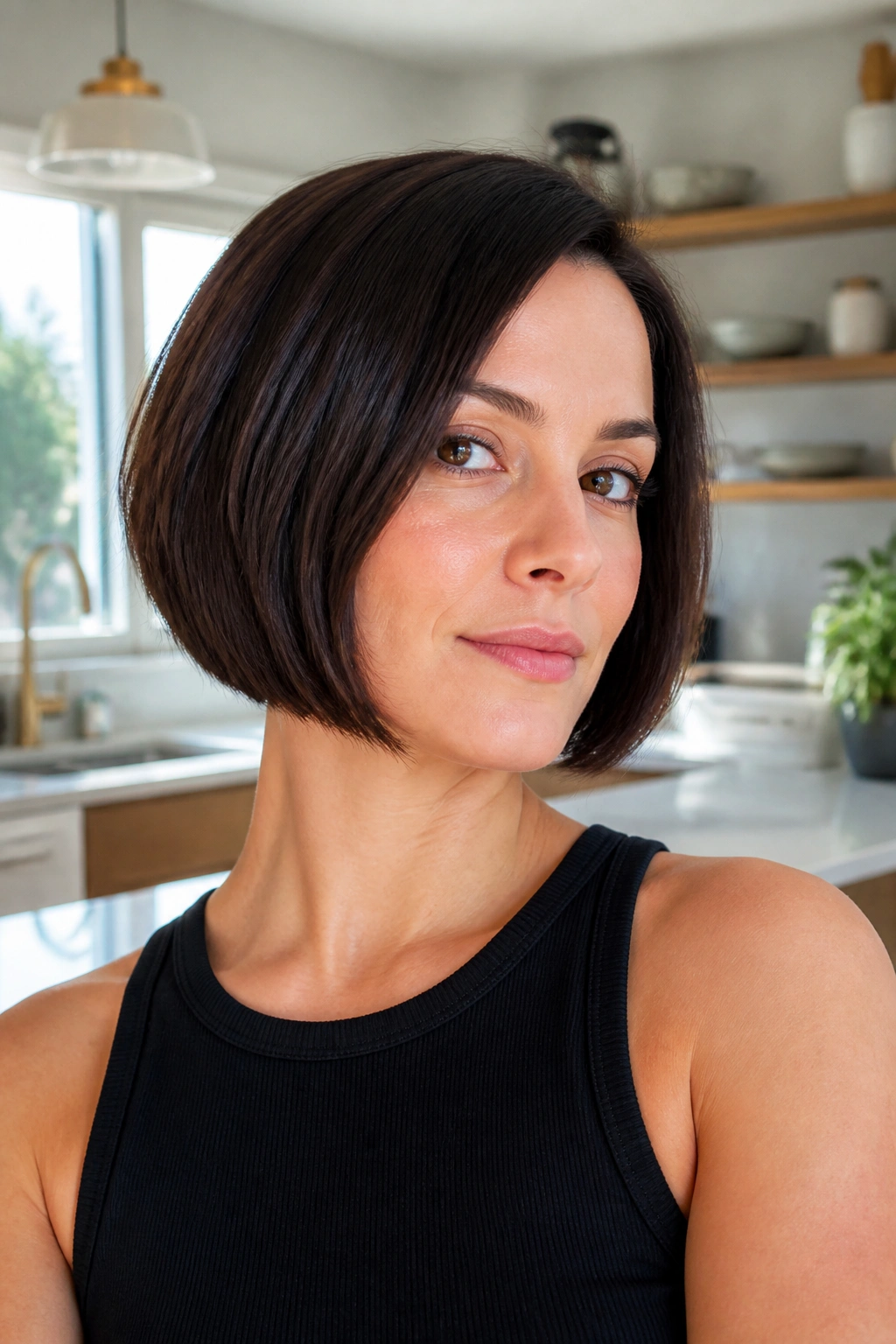 Portrait of a woman with a chin-length bob with tapered ends in bright light