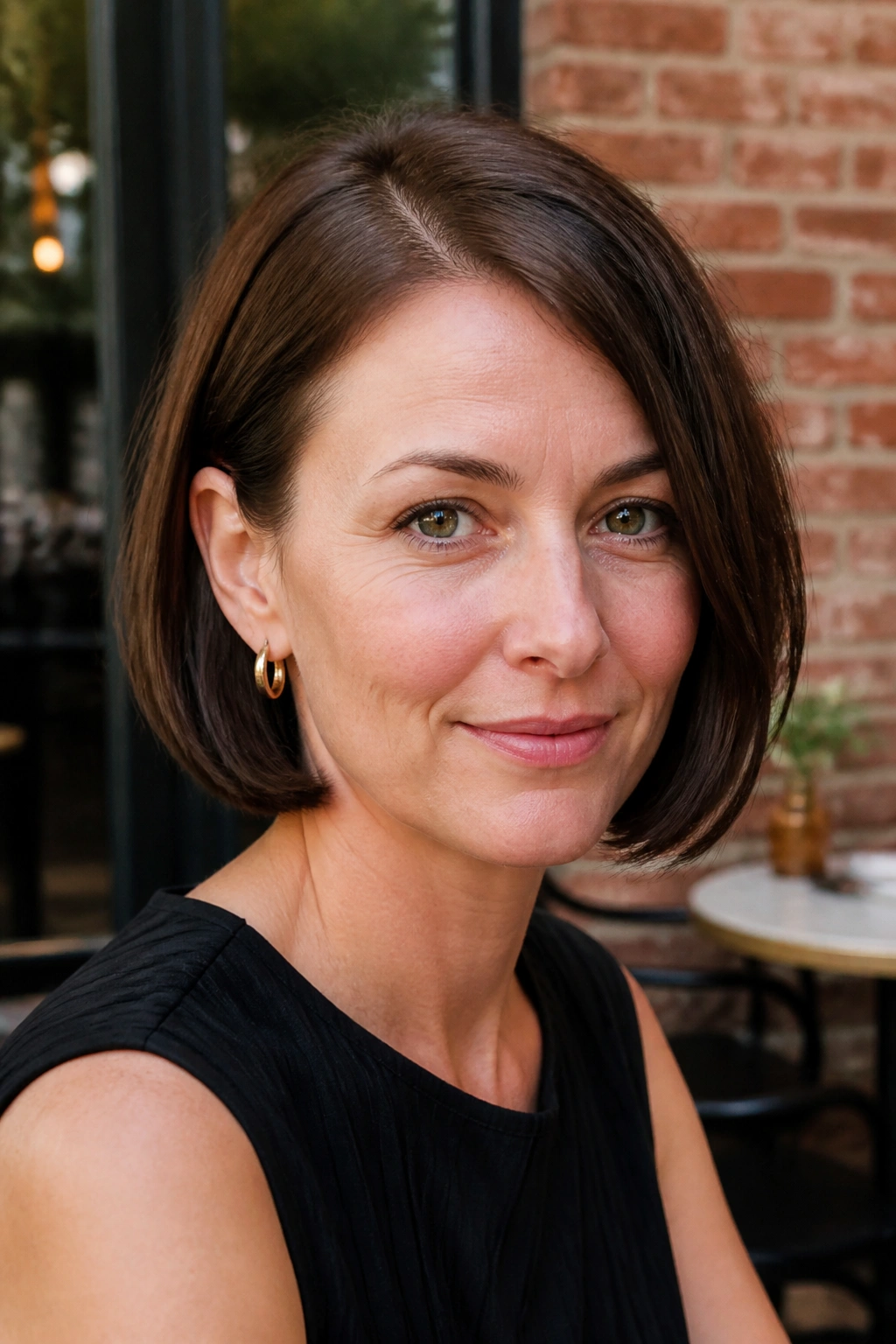 Close-up of a real woman wearing a chin-length bob with a tucked side behind the ear.