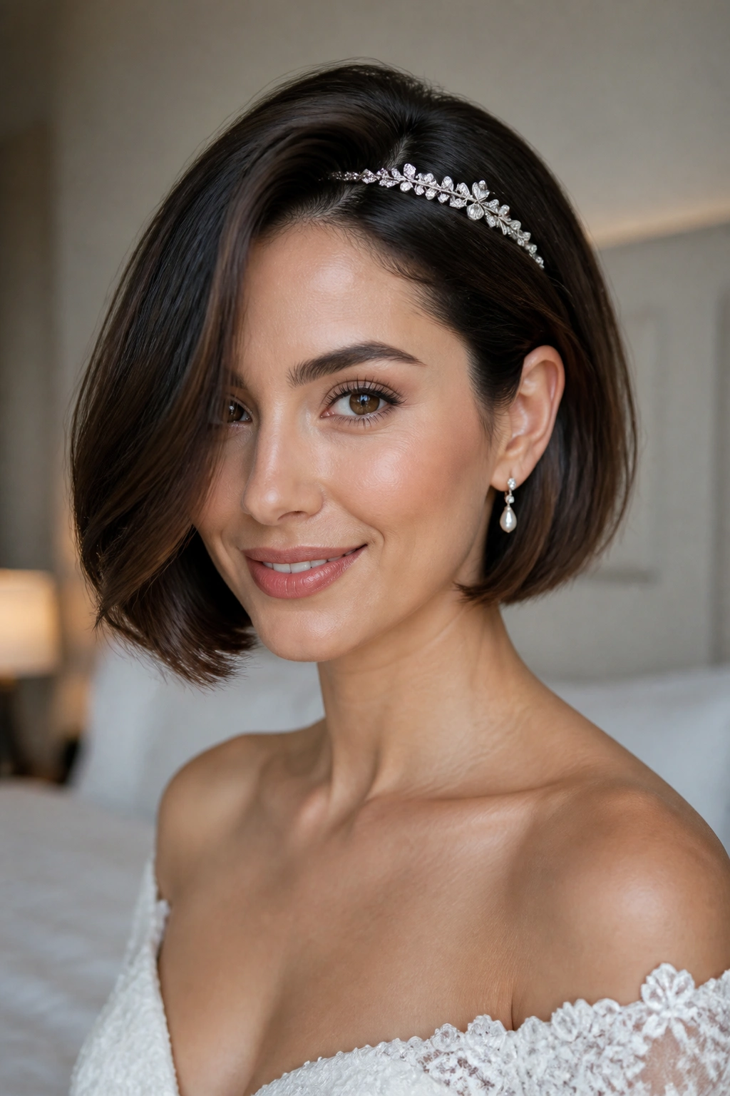 Close-up of a real bride with chin-length bob and side-part tiara