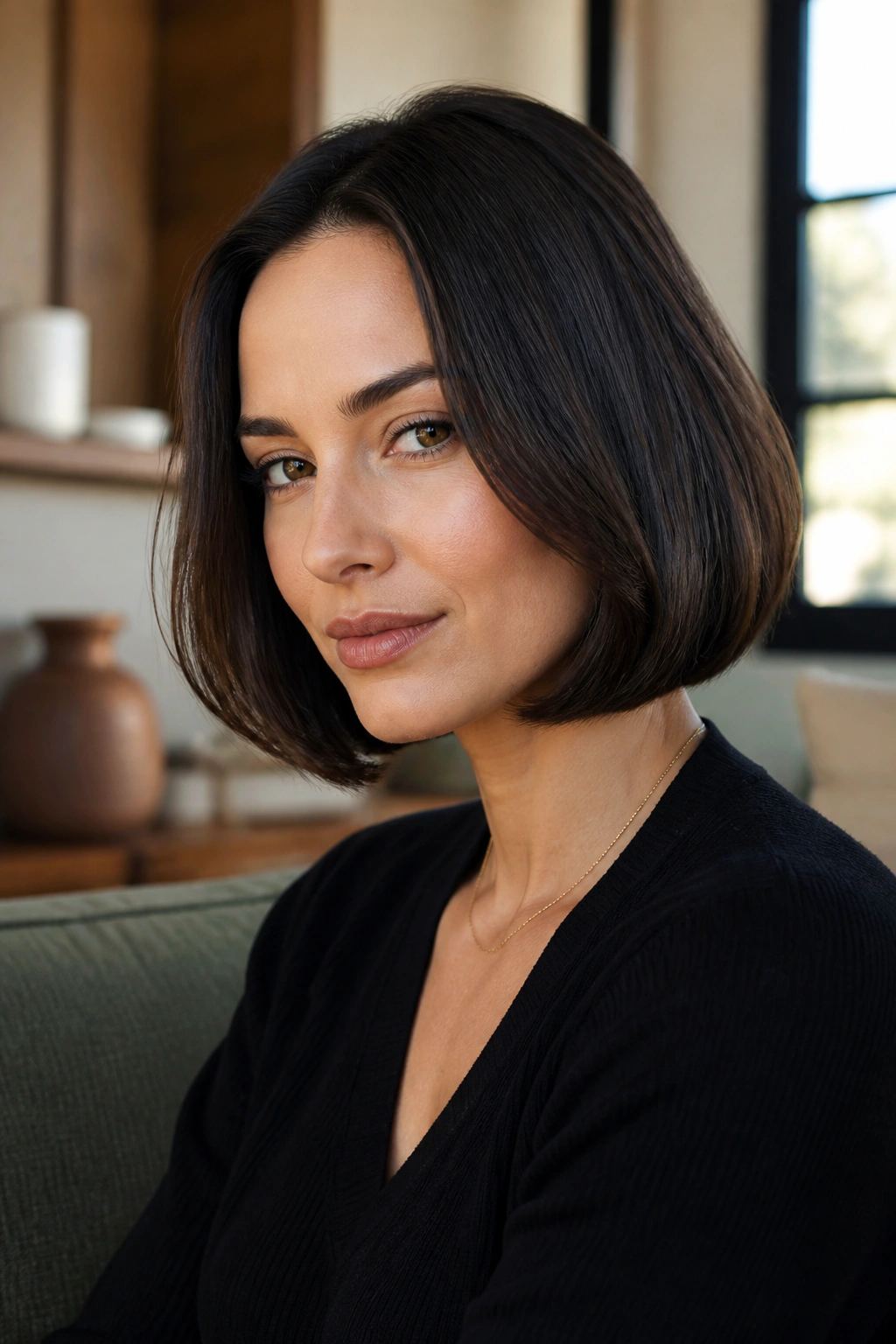 Close-up of a real woman with a chin-length bob and tucked ends.