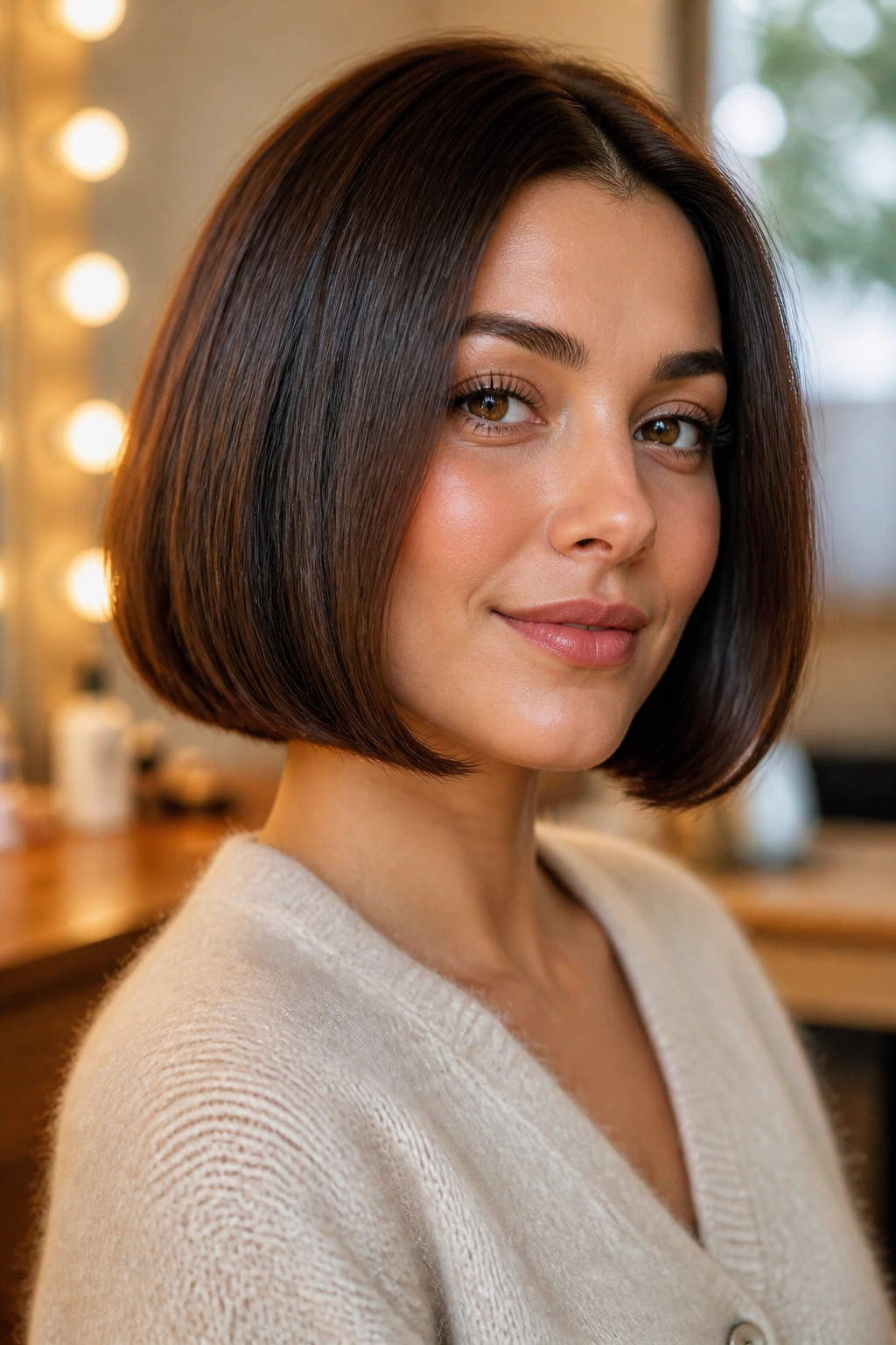 Portrait of a woman with a chin-length bob and tucked ends
