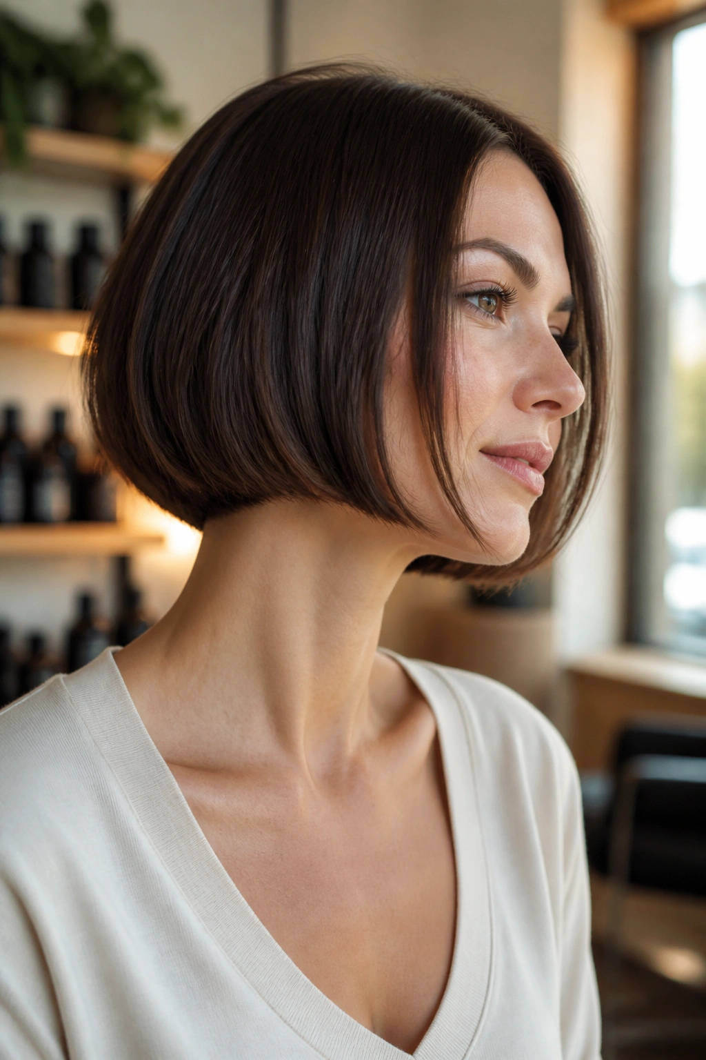 Close-up portrait of a real woman with a chin-length blunt bob and soft underbevel.