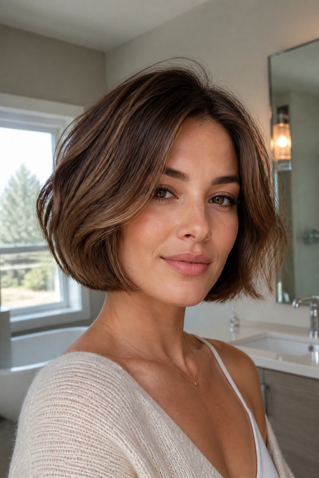 Close-up portrait of a real woman with a chin-length bounce bob and natural volume