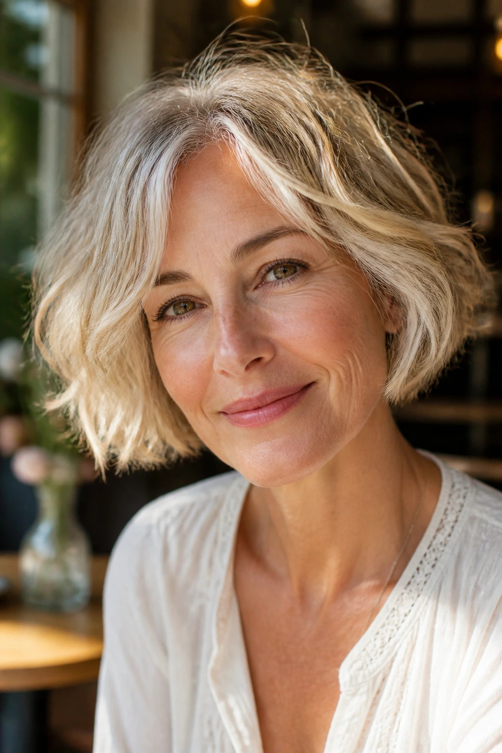 Close-up portrait of a real woman with a chin-length bob and undone waves in warm light