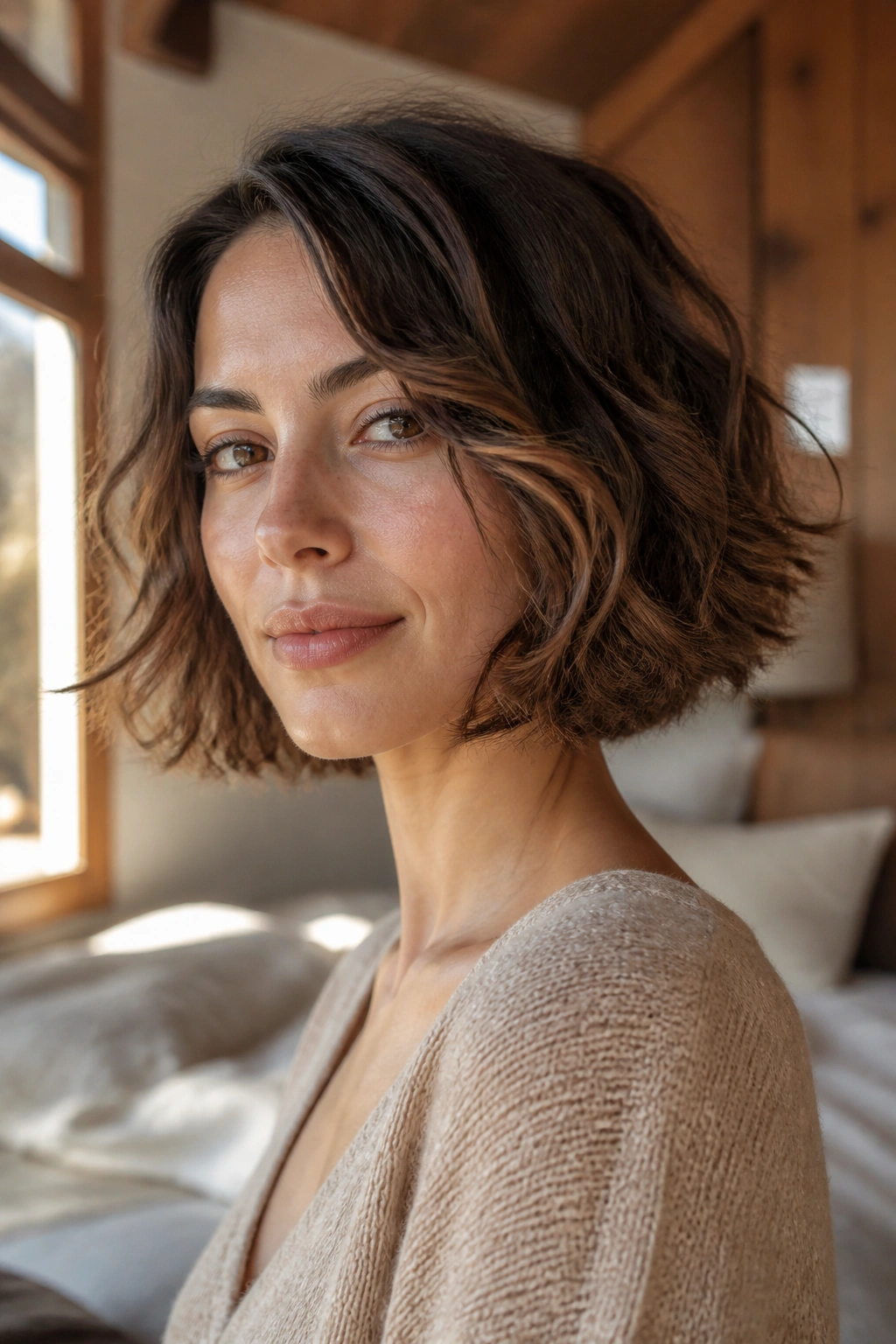 Close-up portrait of a real woman with a chin-length tousled bob for wavy hair in a sunlit bedroom.