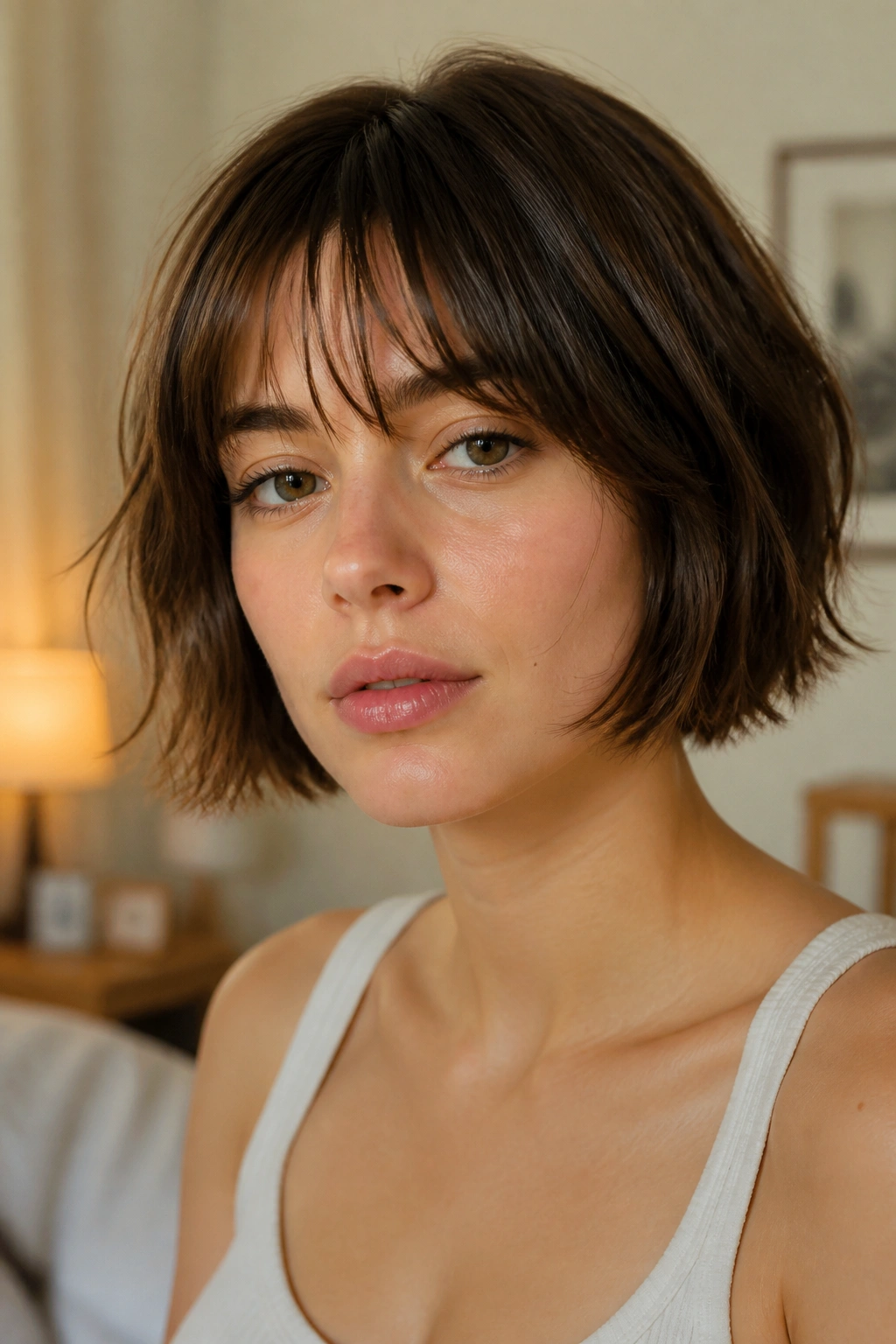Close-up portrait of a real woman with chin-length choppy bob and wispy bangs in warm natural light