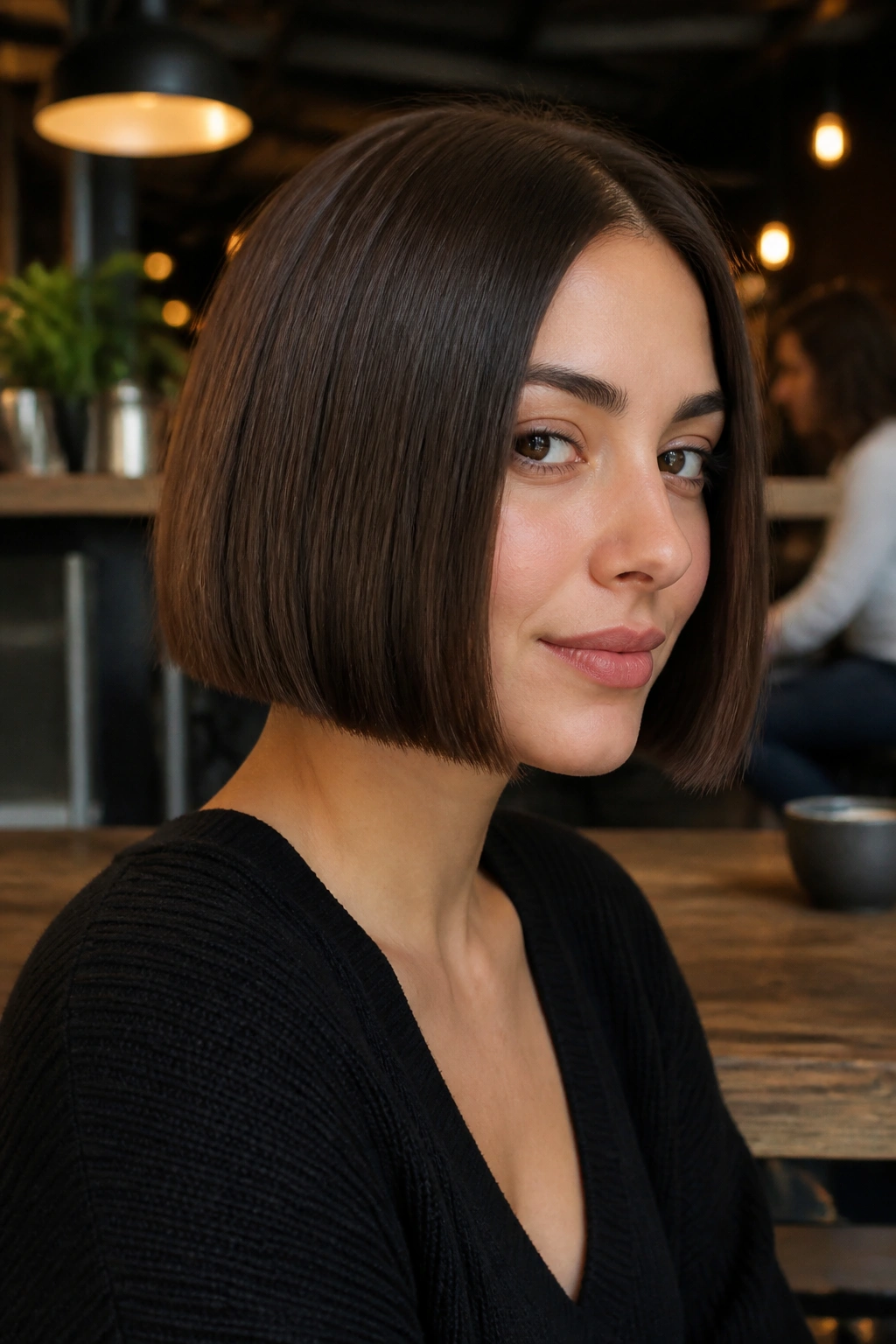 Close-up of a real woman with a crisp-chin box bob in urban cafe light