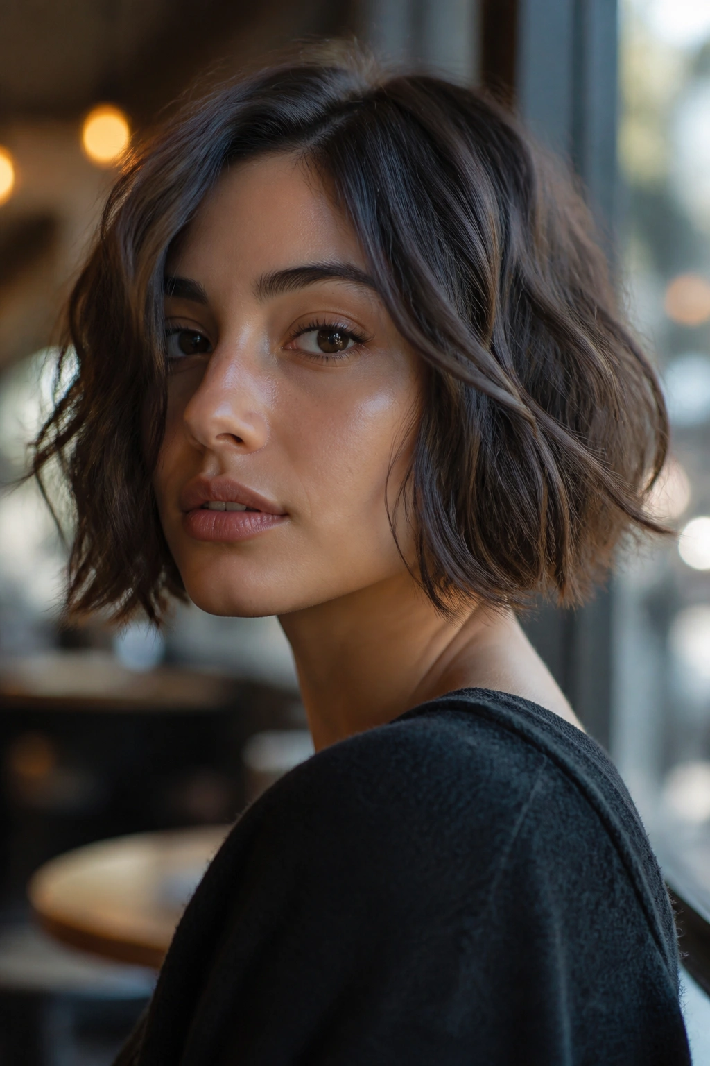 Close-up of a real woman with a chin-length box bob and soft waves in natural cafe light