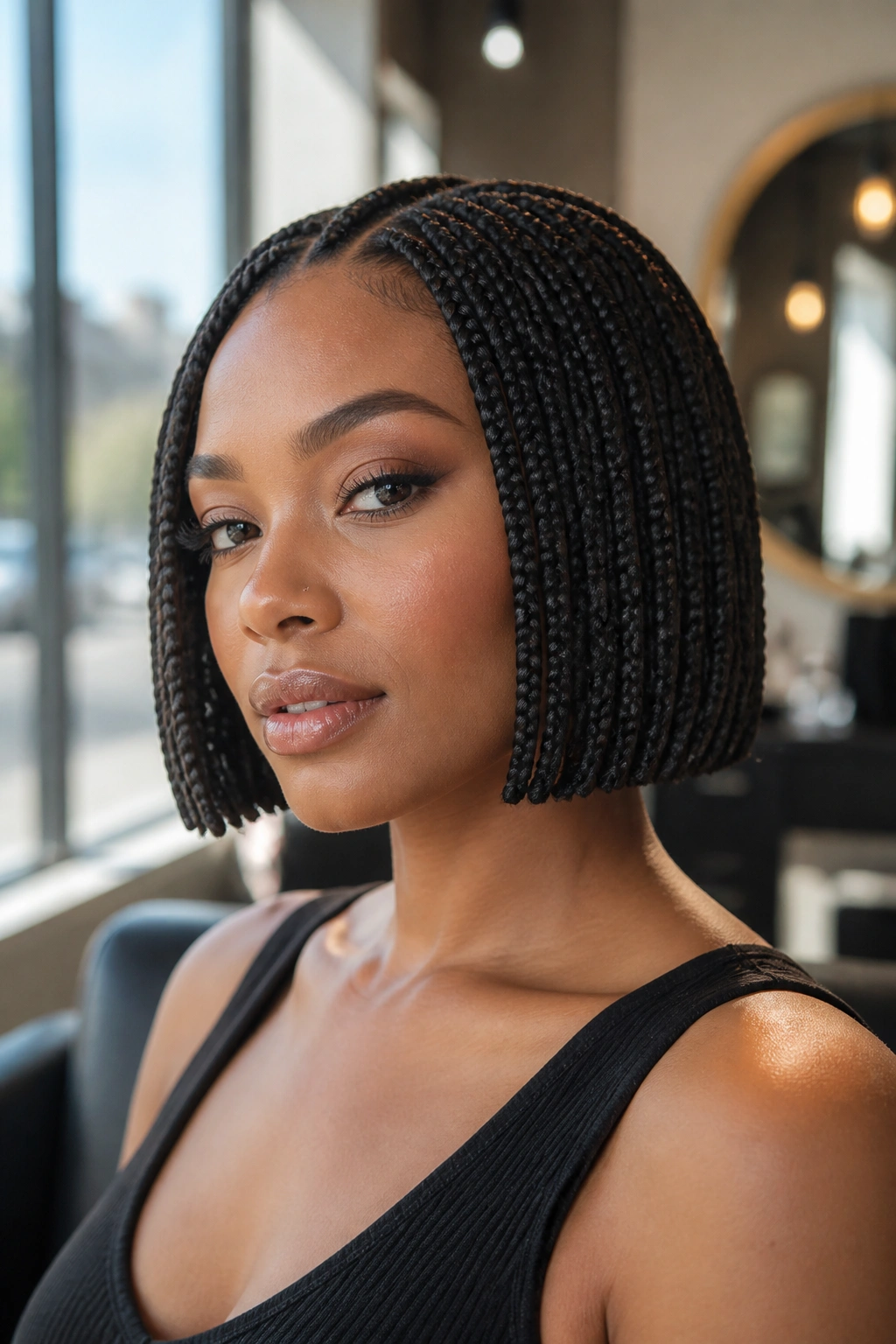 Close-up of a real woman wearing a chin-length box braid bob with even, tight braids along the jawline.