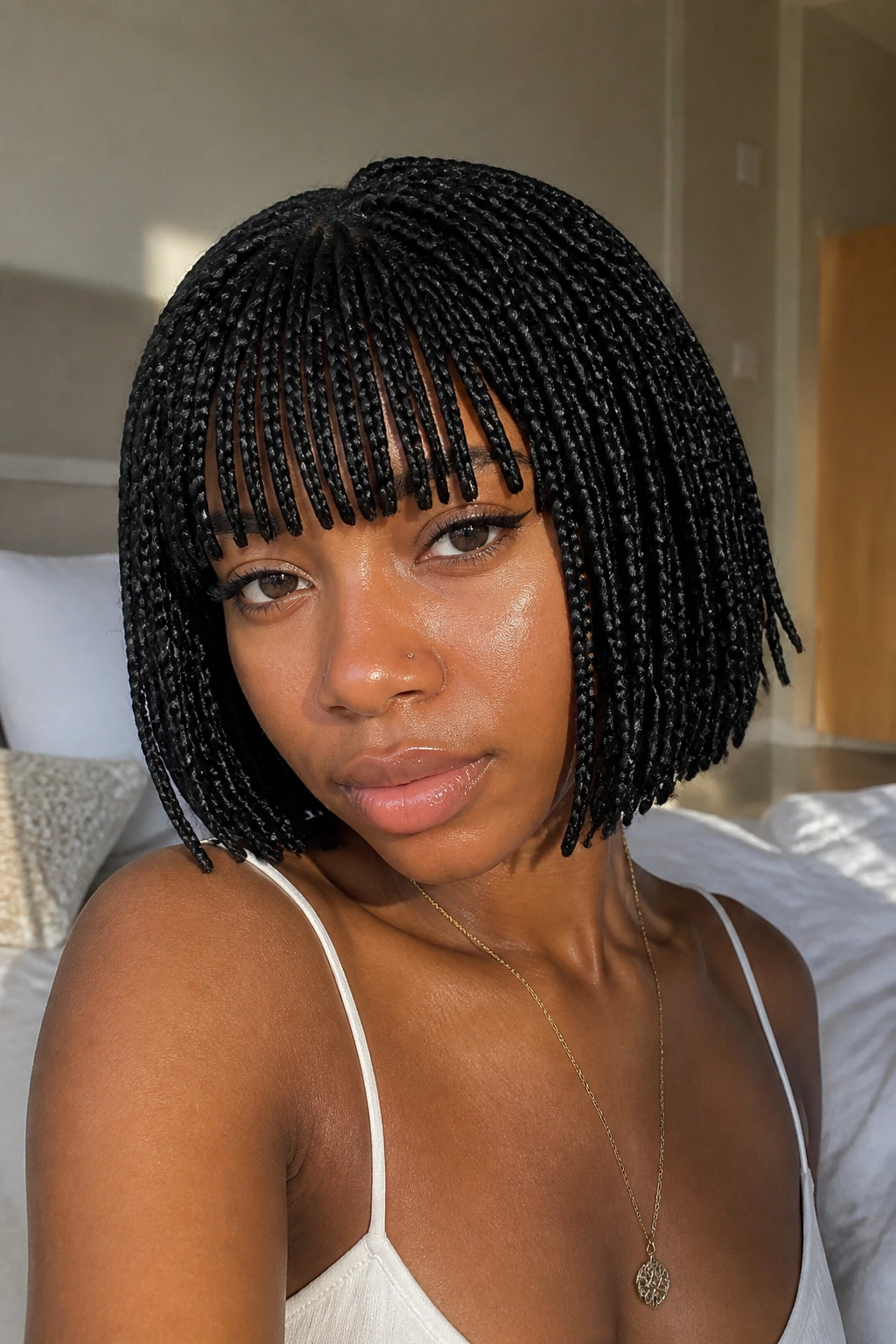 Close-up of a real woman with chin-length box braids and a blunt eyebrow-grazing fringe in soft window light.
