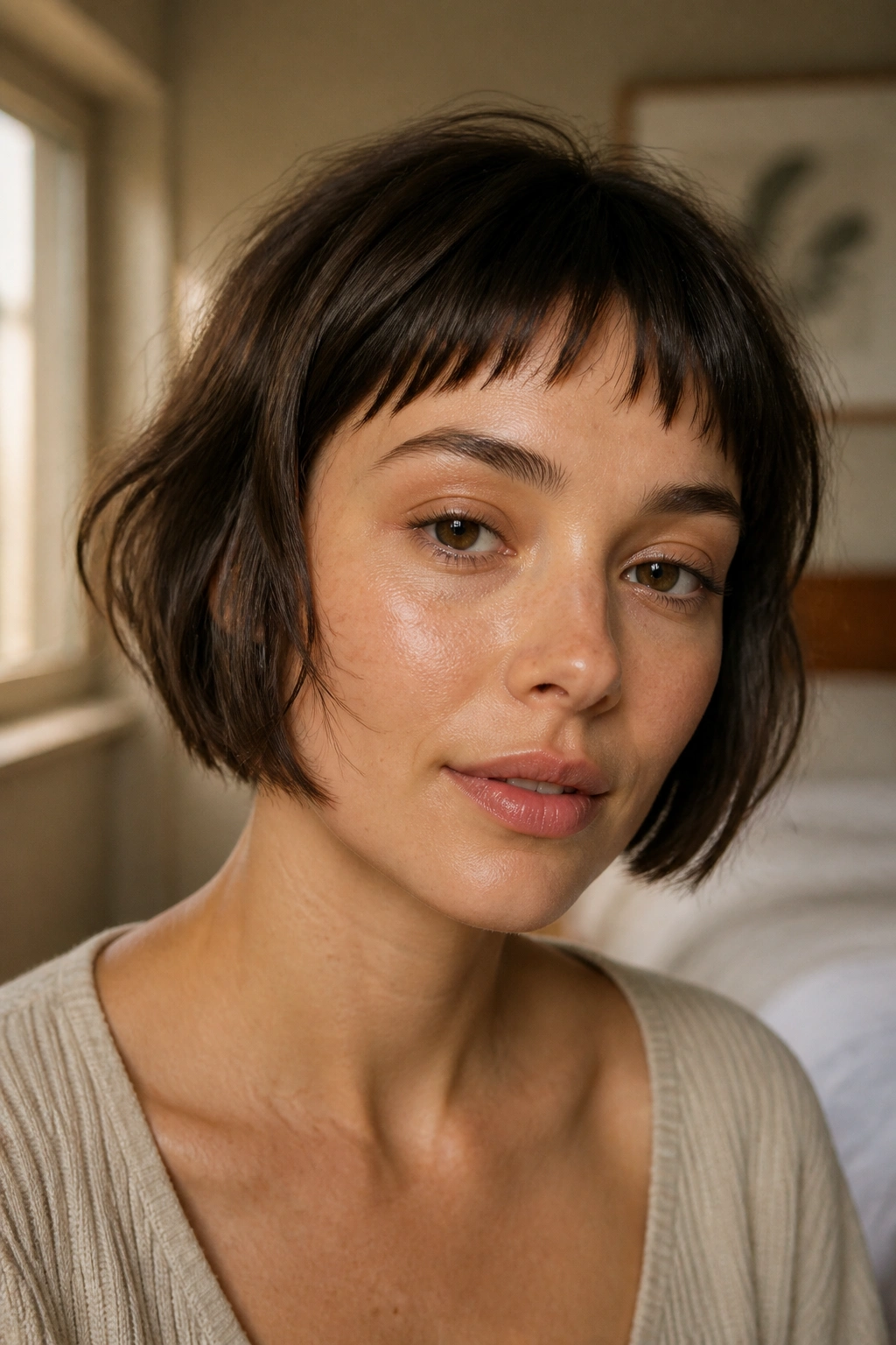 Close-up portrait of a woman with chin-length micro-textured bangs in warm window light.