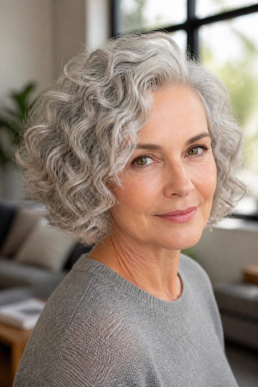 Close-up of a real woman with chin-length curly gray hair and a side part.