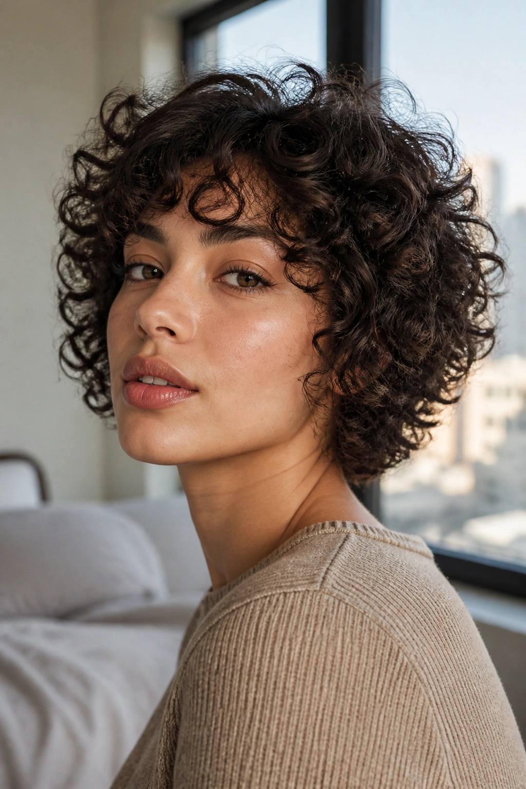 Close-up portrait of a real woman with chin-length curly wolf cut in natural window light